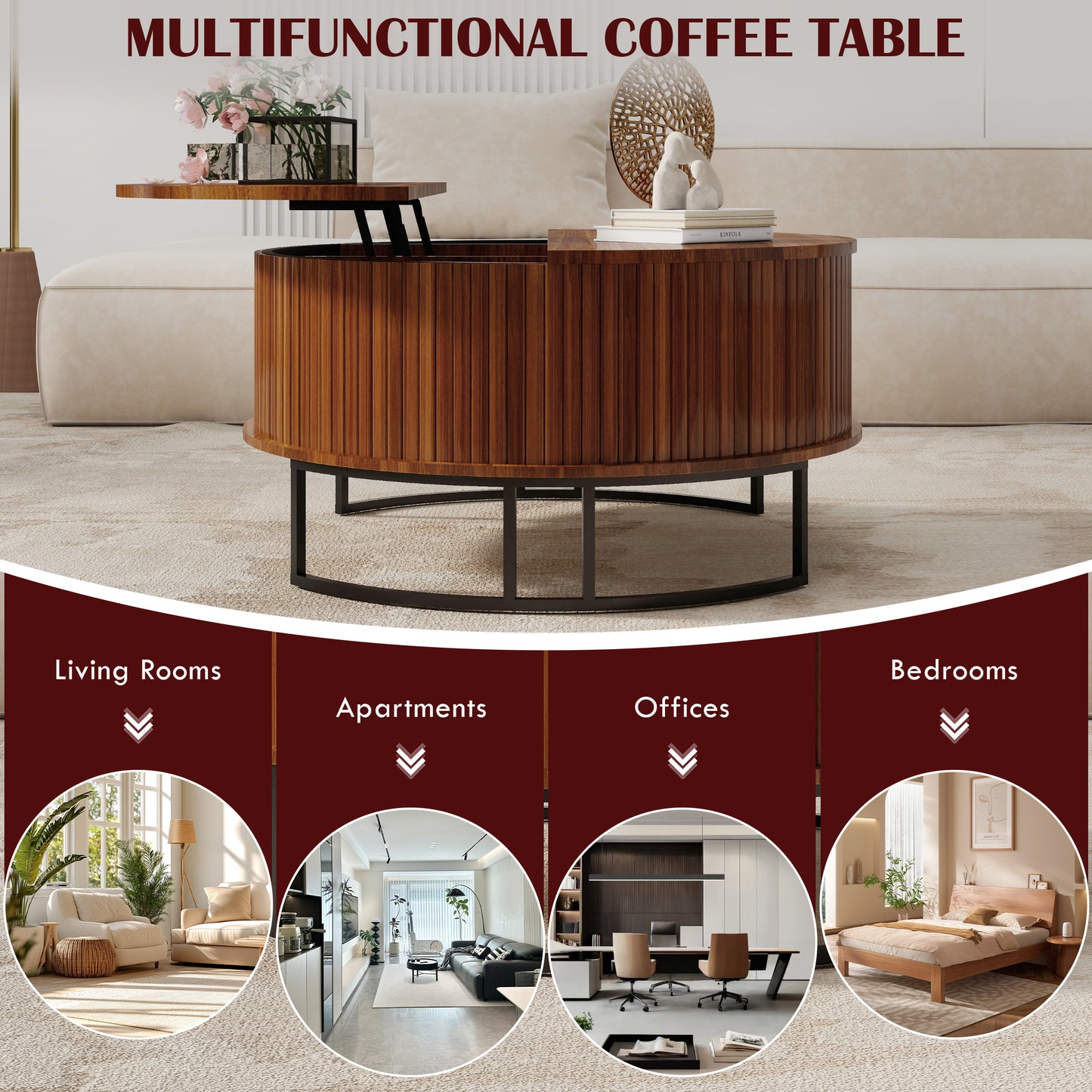 31.5" Round Coffee Table with Storage,Fluted Lift Top Center Table, Midcentury Modern Flip-top Curved Table for Living Room,Walnut image 4