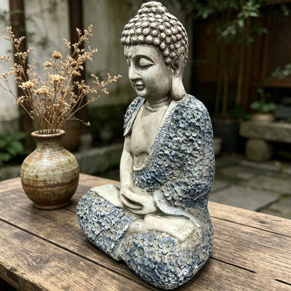 16'' Weatherproof Resin Buddha Garden Statue, Blue Floral Accent Meditating Buddha Figurine, Outdoor Zen Decor for Patio, Yard, Lawn & Landscape image 12