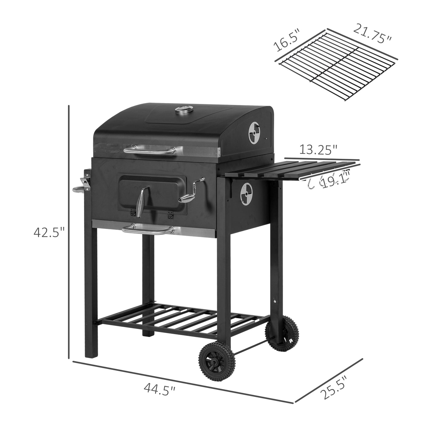 Outsunny Charcoal BBQ Grill, Outdoor Portable Cooker for Camping or Backyard Picnic with Side Table, Bottom Storage Shelf, Wheels and Handle, Black image 3