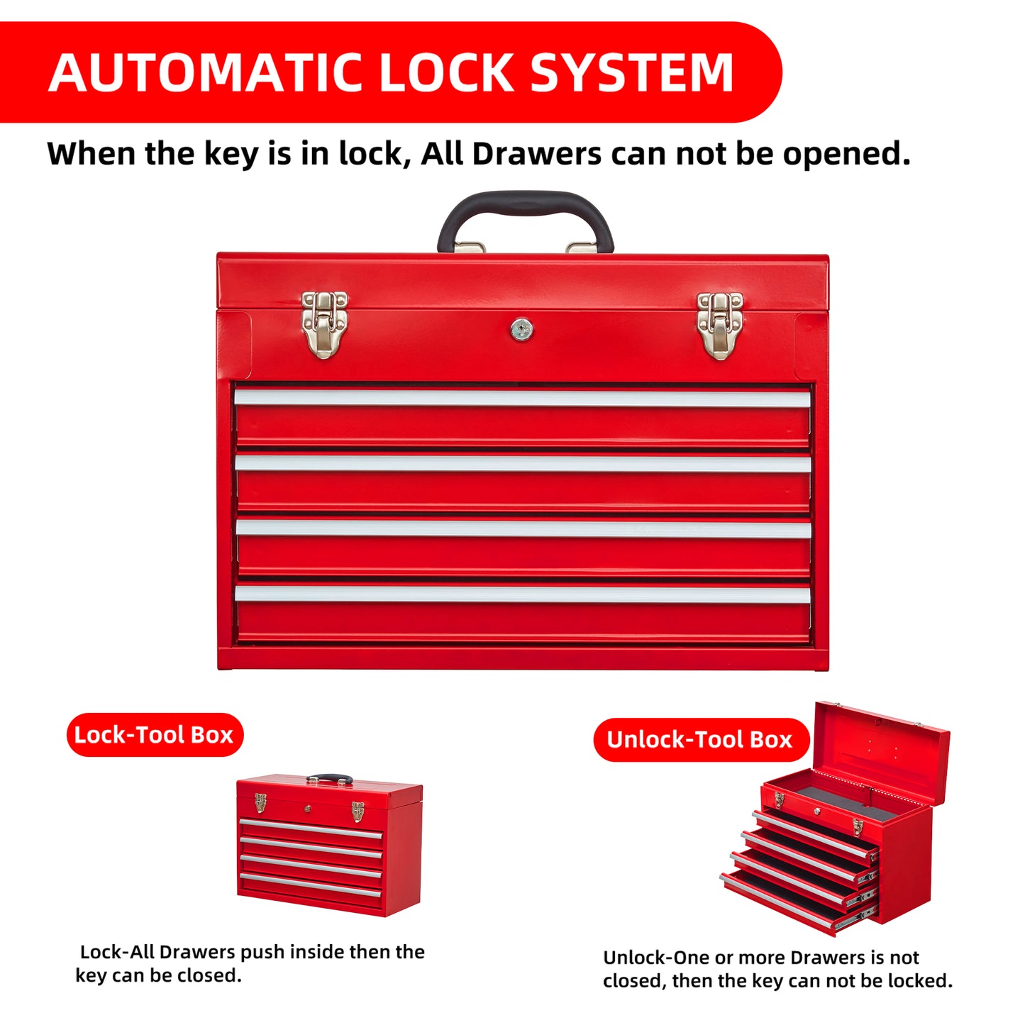 Metal Tool Box with 4 Drawers Portable Steel Tool Chest with Metal Cylinder Lock and Latch Closure, Liner, Red Powder coating, suitable for Garage, Warehouse and Outdoor Repair job-Red image 8