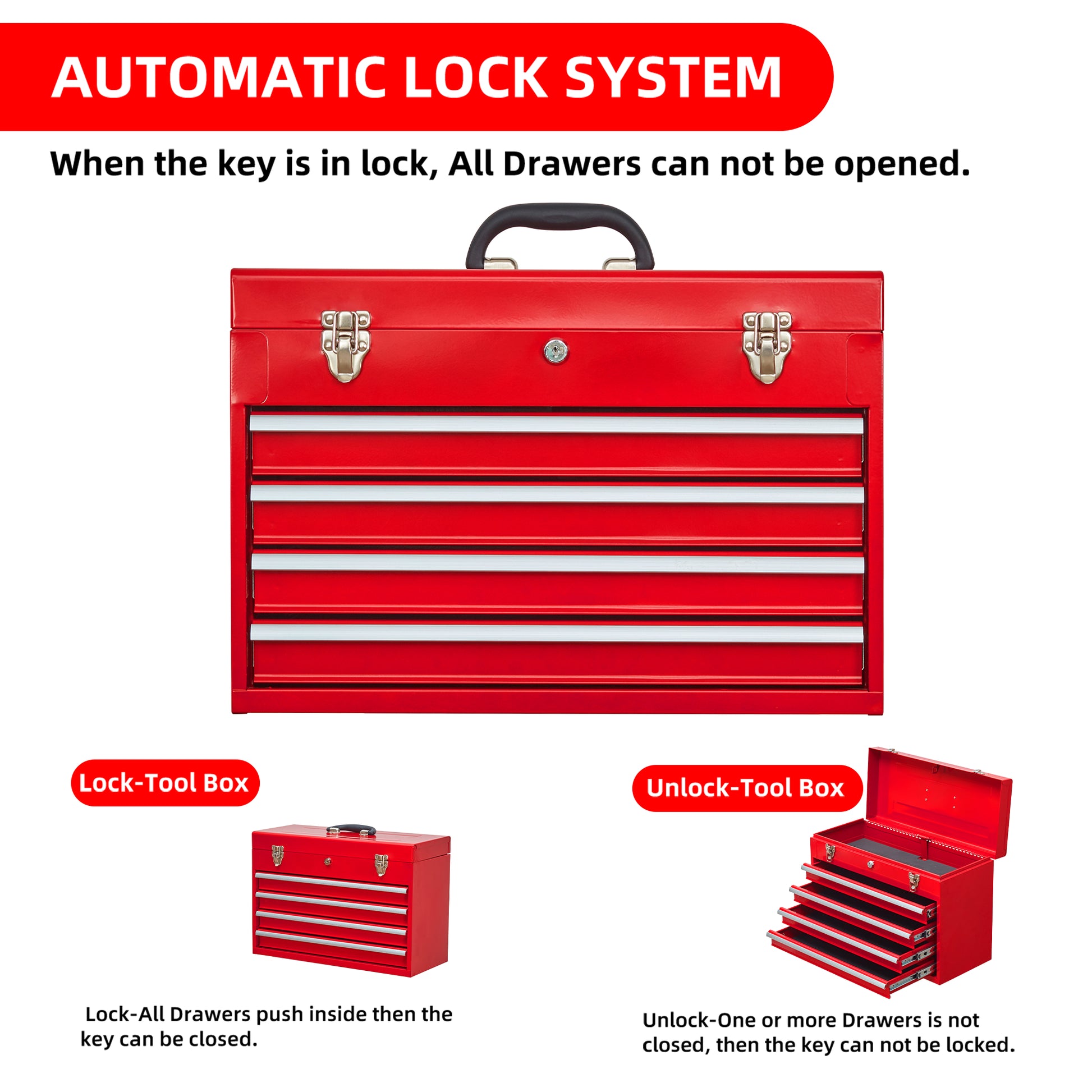 Metal Tool Box with 4 Drawers Portable Steel Tool Chest with Metal Cylinder Lock and Latch Closure, Liner, Red Powder coating, suitable for Garage, Warehouse and Outdoor Repair job-Red image 8
