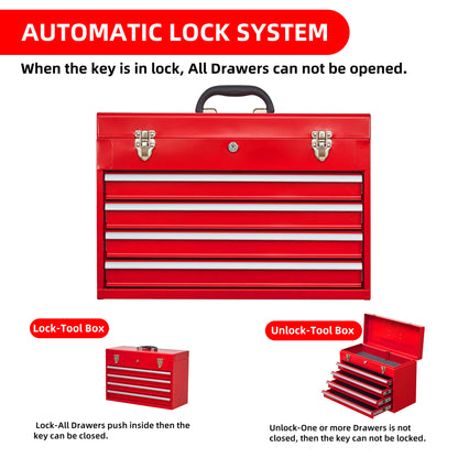 Metal Tool Box with 4 Drawers Portable Steel Tool Chest with Metal Cylinder Lock and Latch Closure, Liner, Red Powder coating, suitable for Garage, Warehouse and Outdoor Repair job-Red image 8