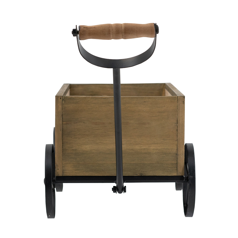 16.5x9.5x8" Rustic Wooden Wagon Planter with Black Iron Wheels and Handle image 3