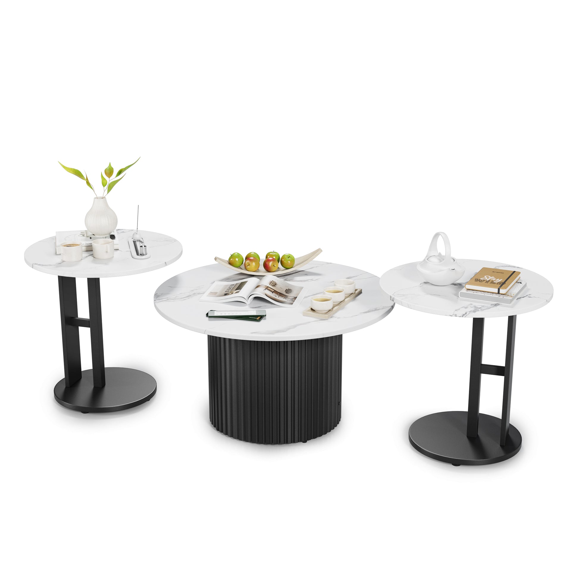 Coffee Table Set of 3, Modern Nesting Coffee Tables with Faux Marble Top and Metal Legs, Round Coffee & Side Tables with Ribbed Design for Living Room, Small Space Apartment image 10