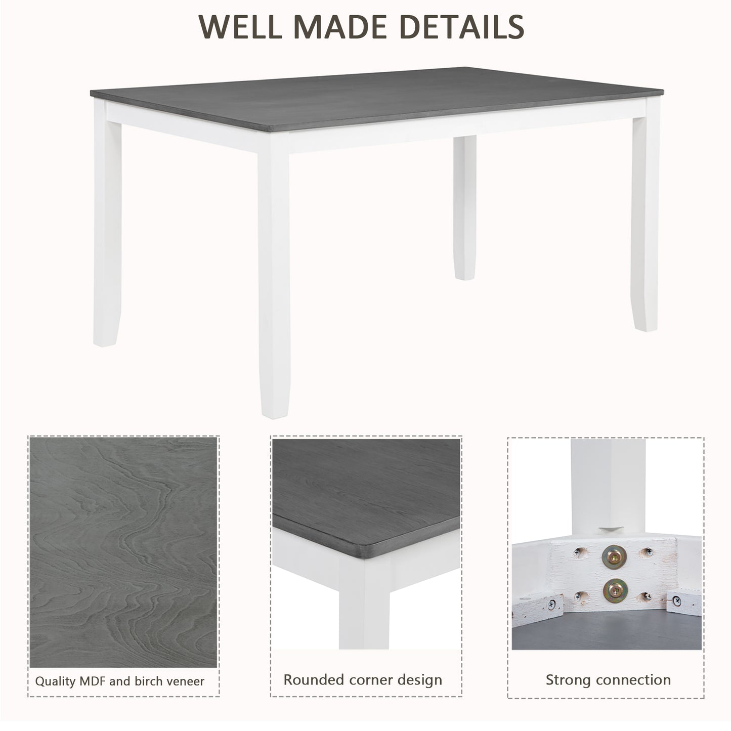 Modern 7-Piece Solid Wood Dining Set with 6 Upholstered Chairs – Grey & White Two-Tone Rectangular Table for 6, Space-Saving Kitchen & Dining Room Set, Easy Assembly image 6