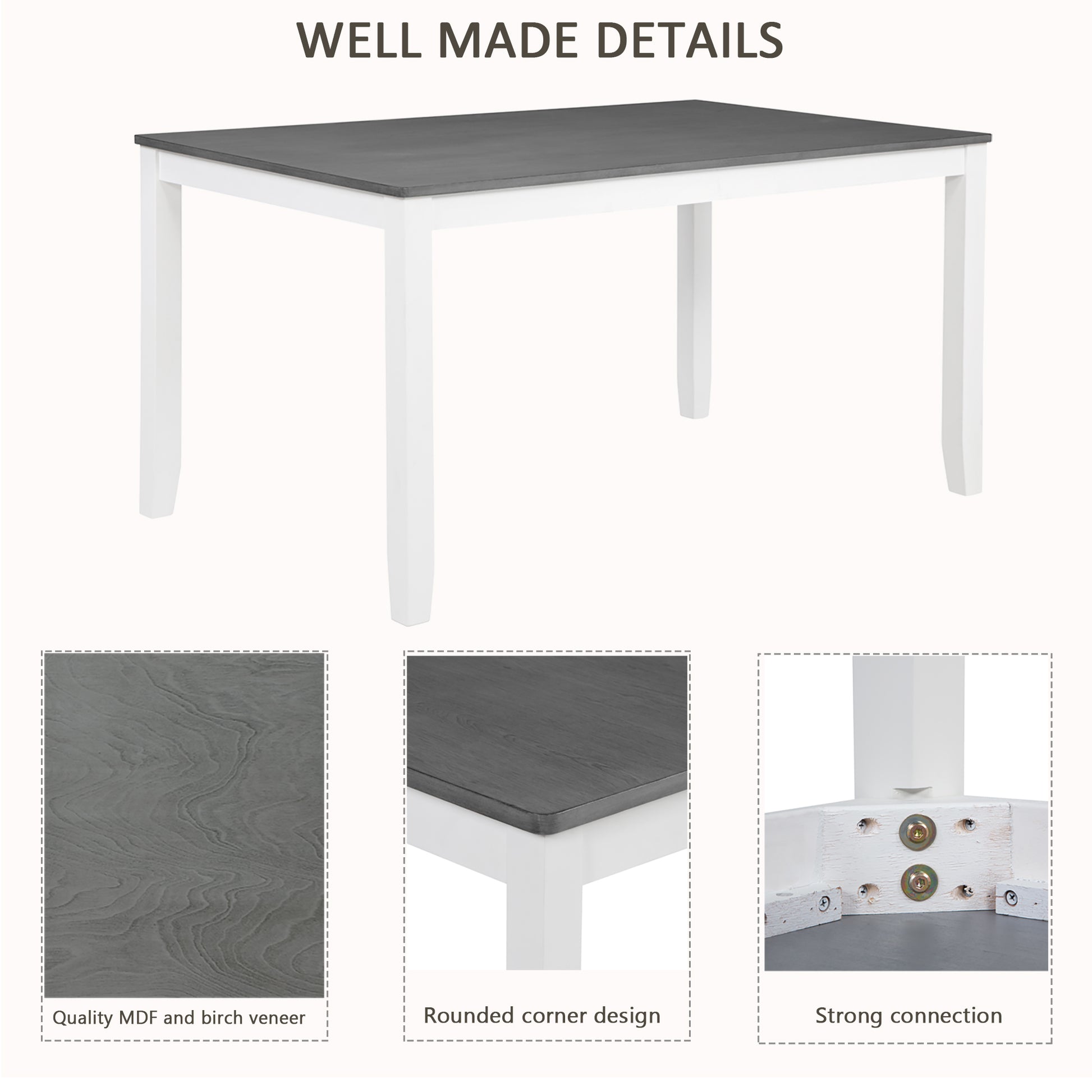 Modern 7-Piece Solid Wood Dining Set with 6 Upholstered Chairs – Grey & White Two-Tone Rectangular Table for 6, Space-Saving Kitchen & Dining Room Set, Easy Assembly image 6