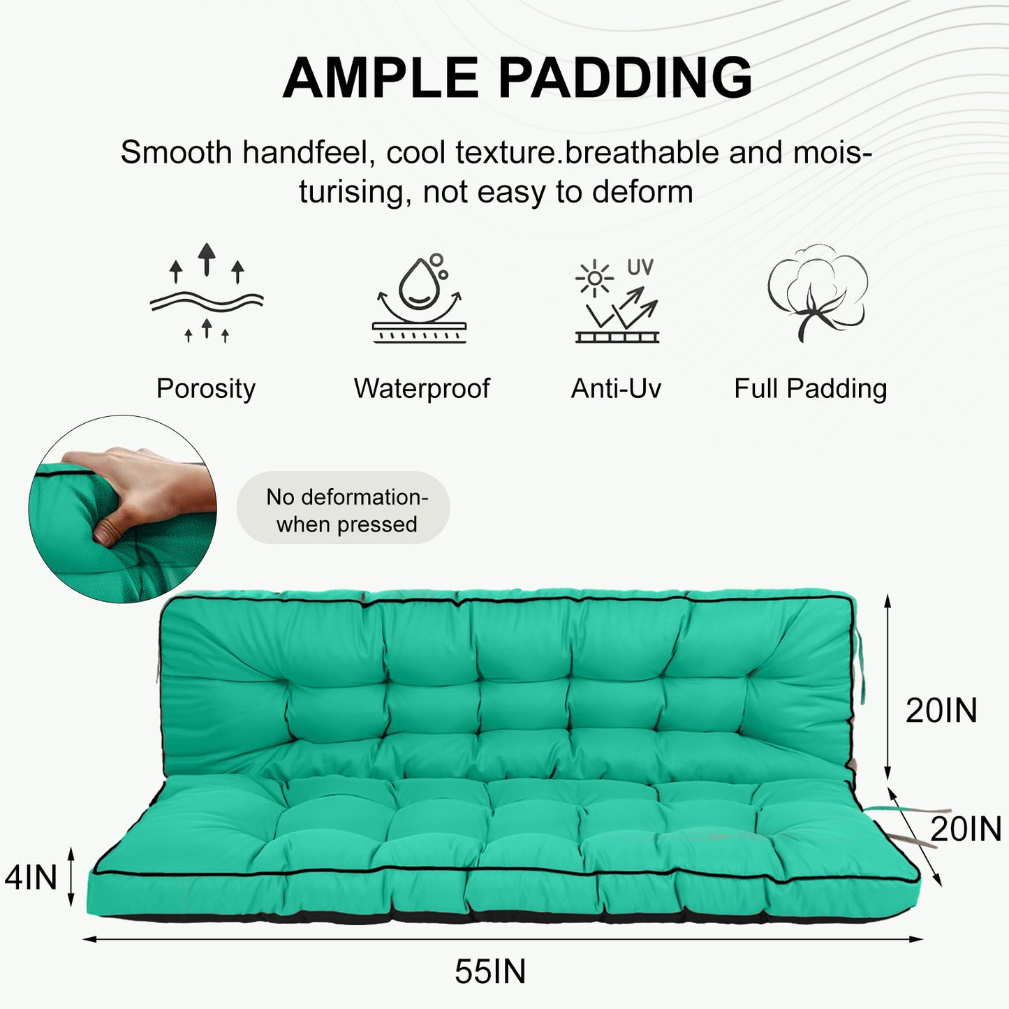 3 Seater Outdoor Porch Swing Cushion with Backrest, 4 Inch Extra Thick Waterproof Swing Replacement Cushion, 2-3 Seat Thicken Patio Bench Cushion for Garden Backyard Outdoor Furniture (acid blue) image 3