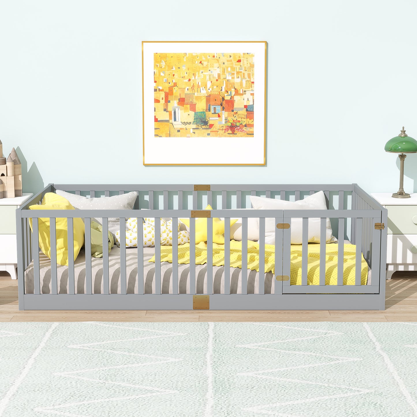 Twin Size Floor Bed with High Fence Railings, with Door, Rubber Wood Floor Bed with Safety Guardrails,Grey image 3
