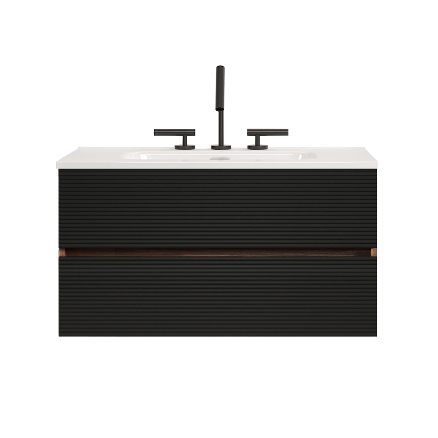 Gloria 36" Wall Mounted Soft Black & Walnut Bathroom Vanity with Integrated Ceramic Sink with 3 holes, with Overflow, Large Storage Floating Bathroom Vanity for Modern Bathroom, KD image 7
