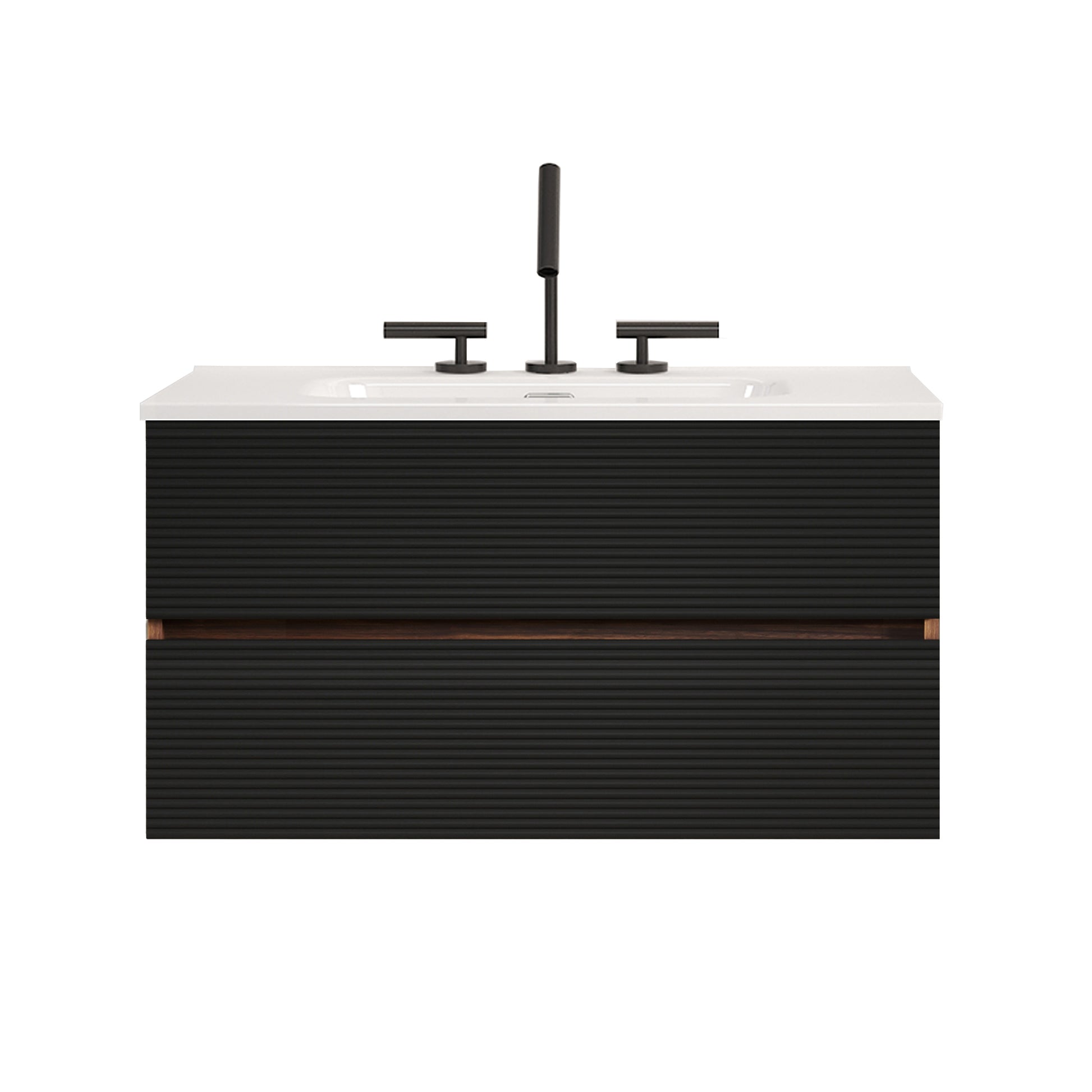 Gloria 36" Wall Mounted Soft Black & Walnut Bathroom Vanity with Integrated Ceramic Sink with 3 holes, with Overflow, Large Storage Floating Bathroom Vanity for Modern Bathroom, KD image 7