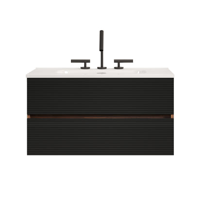 Gloria 36" Wall Mounted Soft Black & Walnut Bathroom Vanity with Integrated Ceramic Sink with 3 holes, with Overflow, Large Storage Floating Bathroom Vanity for Modern Bathroom, KD image 7