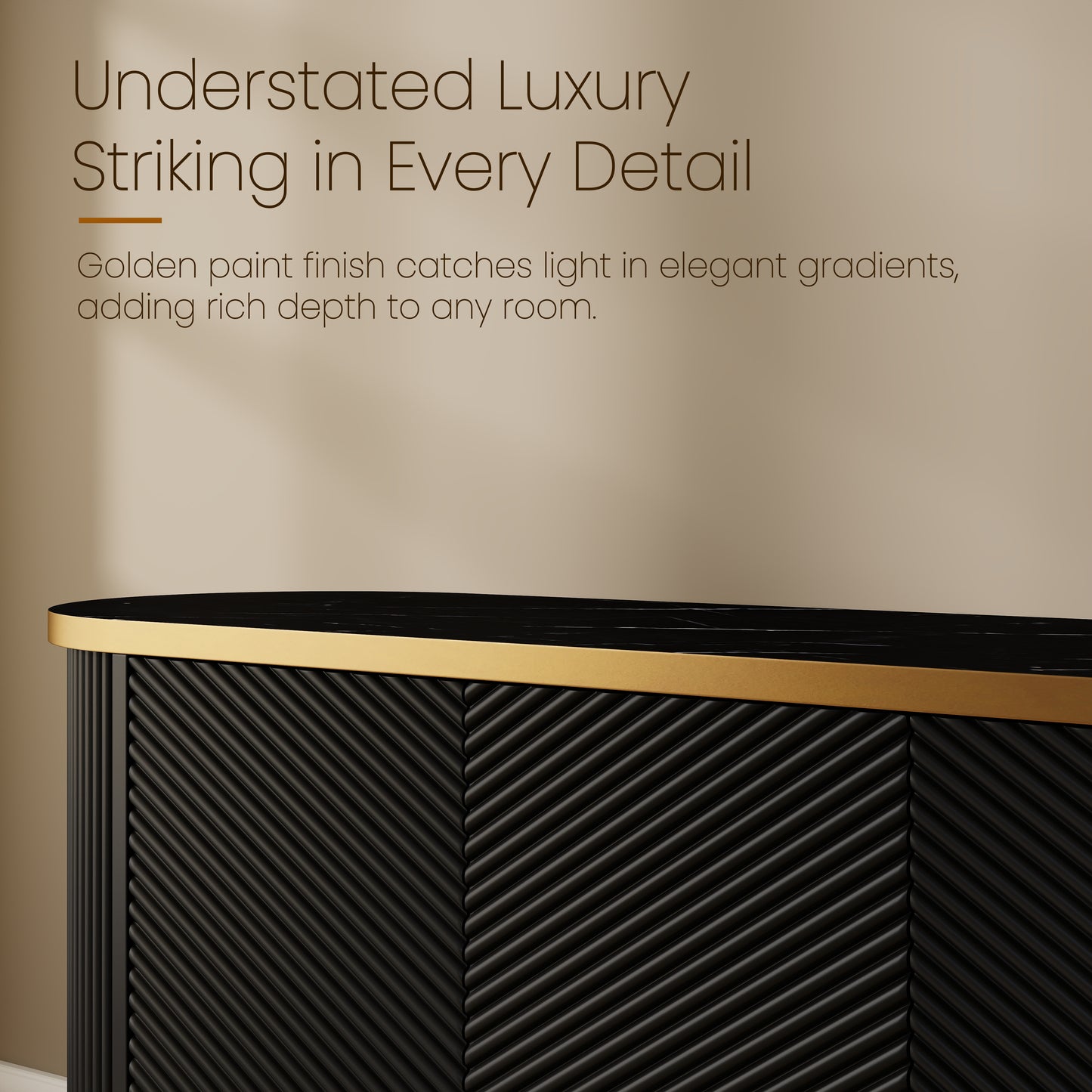 63" Diagonal Fluted Sideboard Cabinet with Storage, 4-Door Buffet Credenza TV Stand with Gold Trim, Black Faux Marble-Top Console Table, Modern Storage Cabinet for Dining Room, Living Room, Black image 8