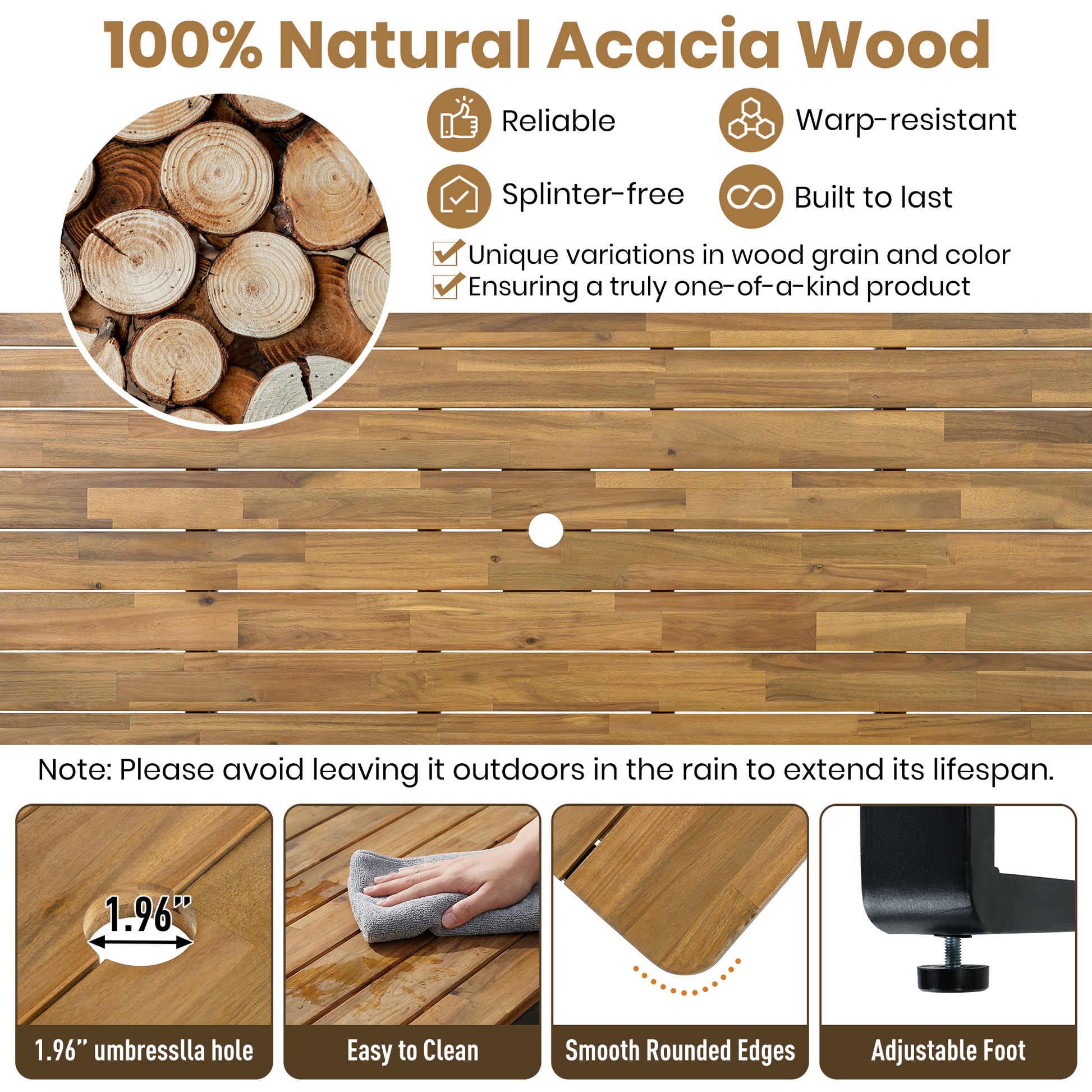 6-Piece Outdoor Dining Set, Acacia Wood, 1 Table with 4 Chairs & 1 Bench for 6-7 Person, Comfortable Cushions on Chairs, Adjustable Feet, for Patio, Garden, Backyard Dining, Gray Cushion image 4
