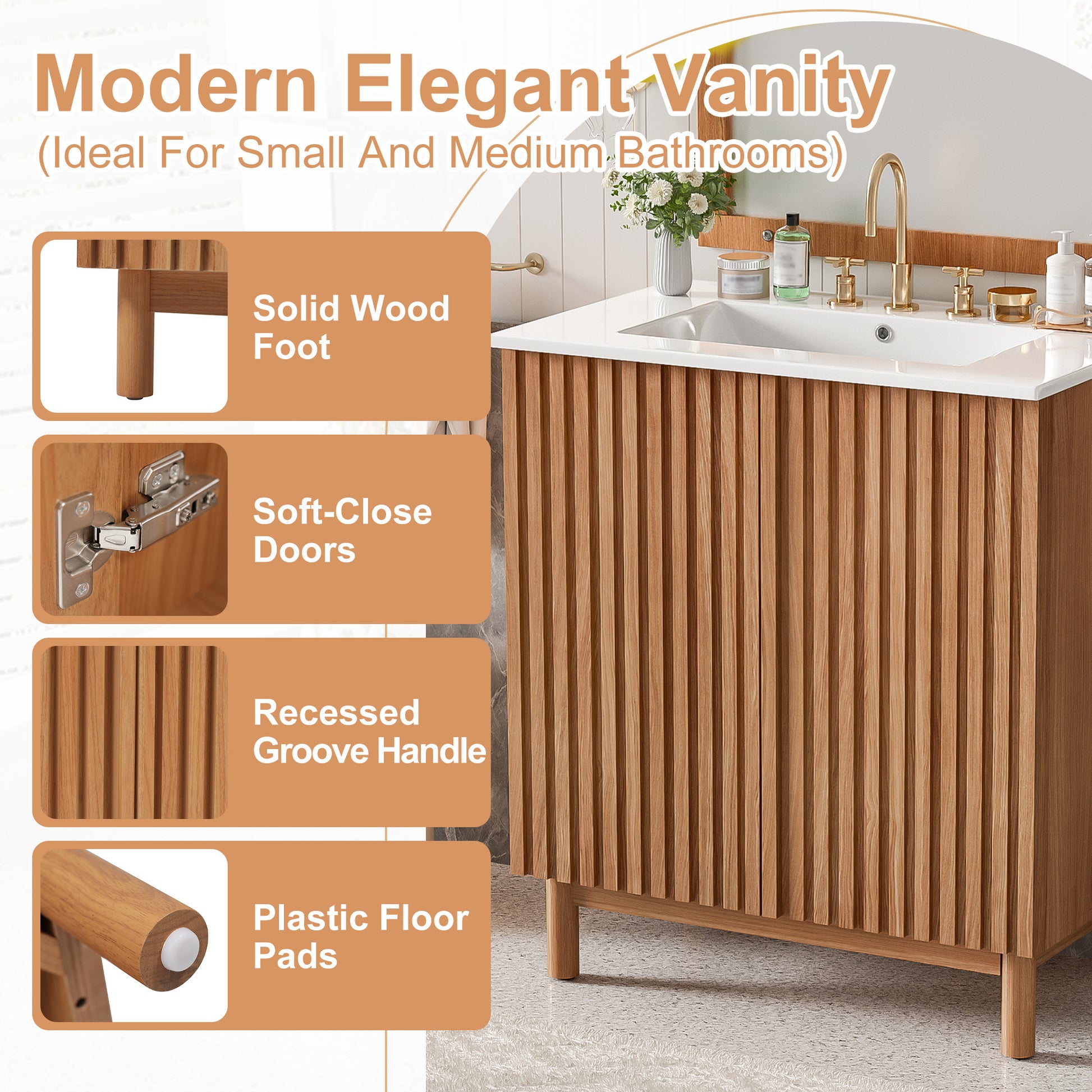 29.9-inch Traditional Bathroom Vanity with Ceramic Sink, Solid Wood Legs, MDF U-Shaped Adjustable Shelf, Soft-Close Doors, and Space-Saving Storage image 4