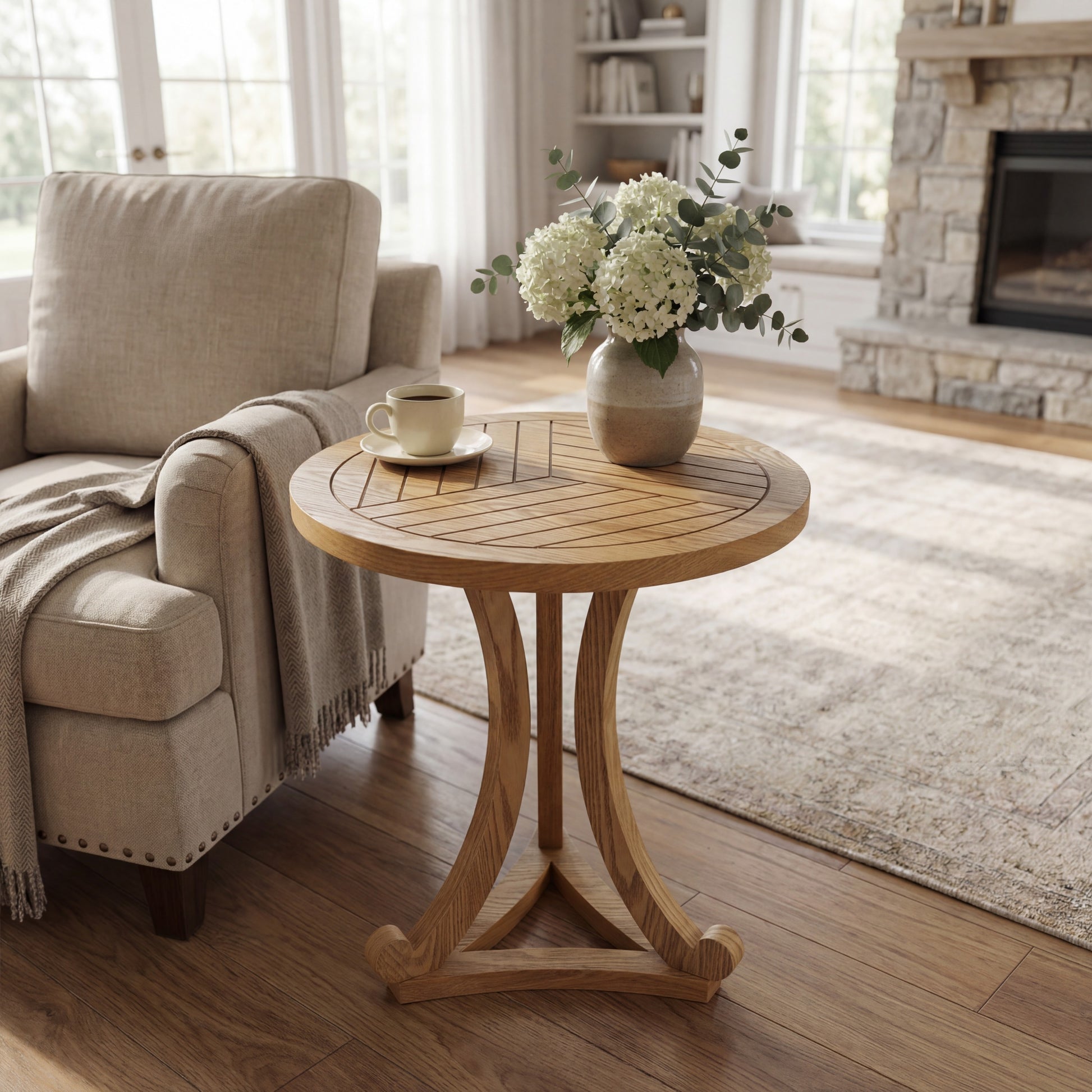 Natural Finish Round Wood Accent Table - Elegant Curved Base End Table for Living Room, Bedroom, or Patio image 3