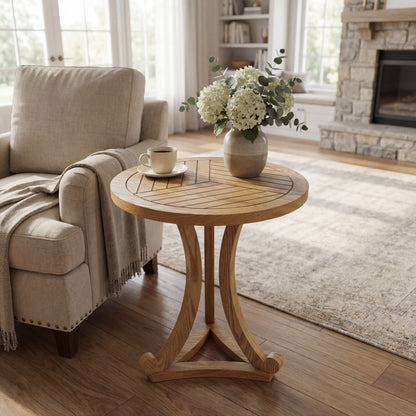 Natural Finish Round Wood Accent Table - Elegant Curved Base End Table for Living Room, Bedroom, or Patio image 3