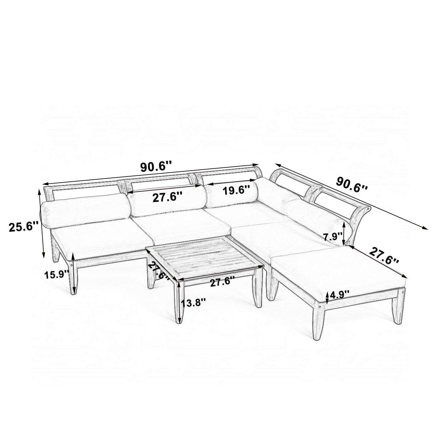 TOPMAX 6 Piece Patio Sofa Set, Acacia Wood Outdoor Modular Sectional Garden Furniture Set L-Shaped Conversation Set, Convertible Daybed with Tea Table, Ottoman, 5 Cushions and Pillows, Teak+Beige image 11