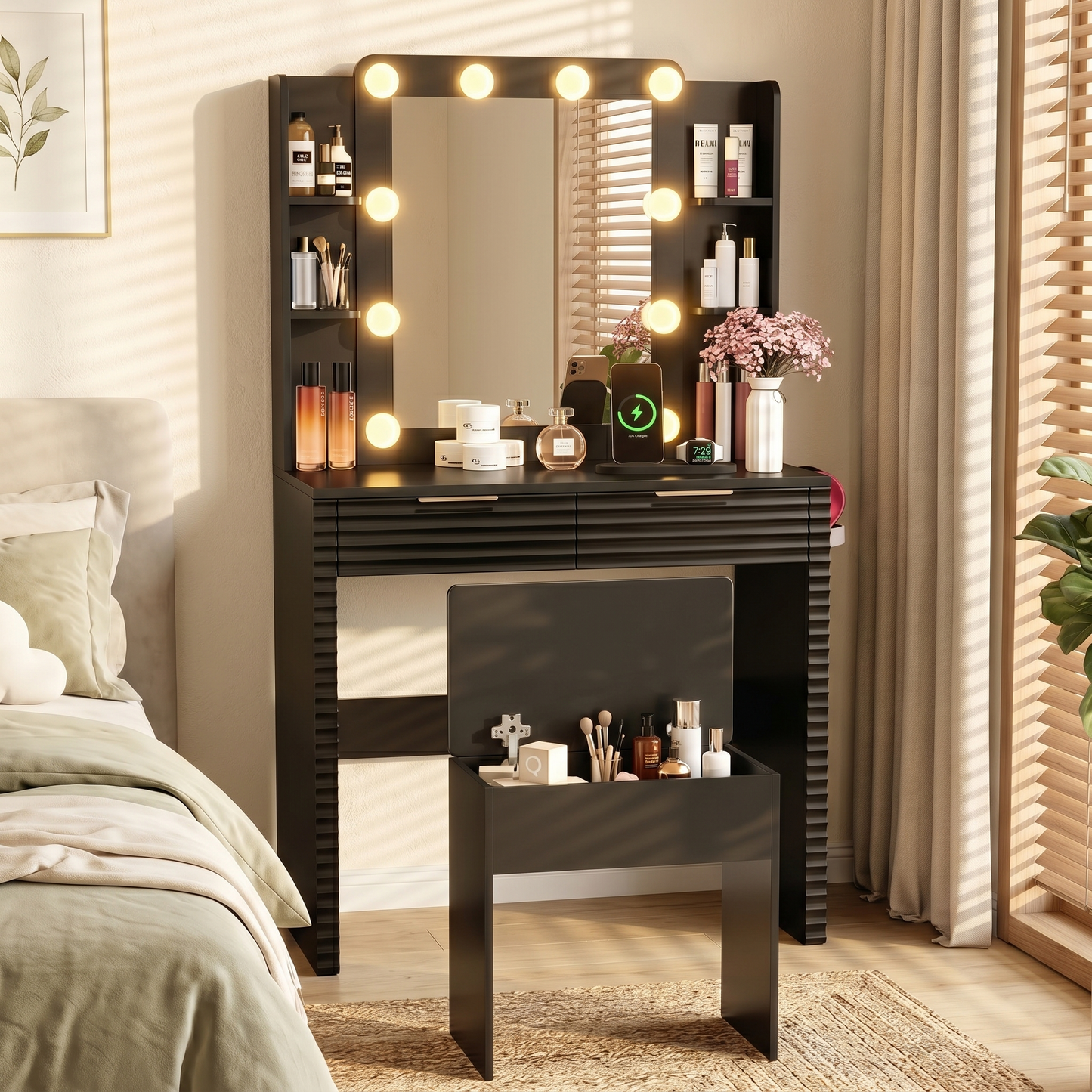 Makeup Vanity Desk with 10 Hollywood Bulbs, Fluted Dressing Table with Charging Station, 2 Drawers and 4 Open Shelves, Hairdryer Holder, Padded Stool with Storage, Black image 3