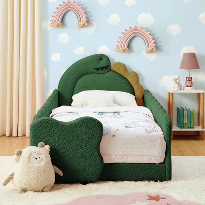 Twin Size Cute Dinosaur-Shaped Kids Bed with Safety Guardraild, Solid Wood Toddler Bed Frame for Children for Bedroom, Boucle Fabric image 1