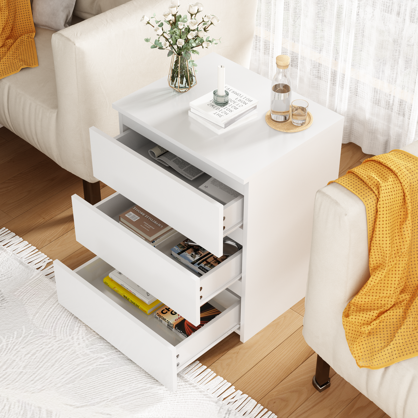 (Set of 2)3 Drawer Dresser, Small Dresser for Closet, Wooden White Nightstand for Bedroom, Chest of Drawers Side Table Storage Cabinet for Home Office, Each box Contains Two Side Tables image 12