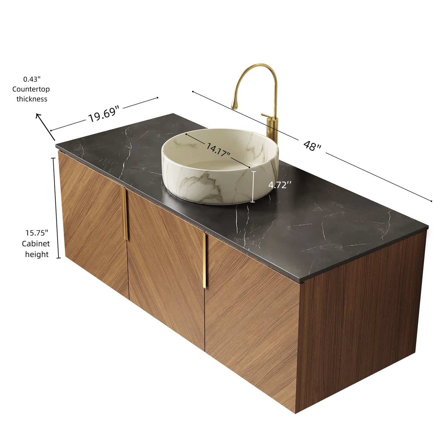 ARAI 48" Bathroom Vanity&Sink, Floating Plywood Bathroom Storage Cabinet with 3 Doors, Black Sintered Stone Countertop & White Round Ceramic Basin with Stone Pattern, Brown Oak Woodgrain (New SKU) image 5