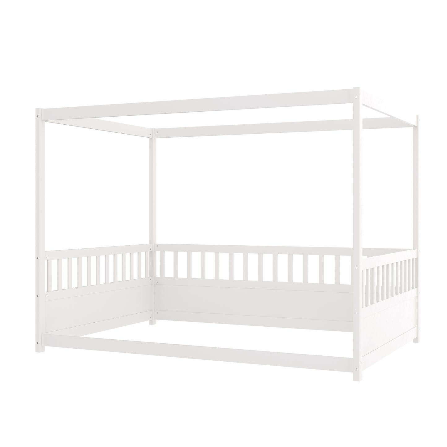 Full Size Canopy Bed Frame with Guardrails for Kids,Floor Bed Full with Four Poster Design,Kids Montessori Floor Bed,Wood Canopy Bed Frame for Girls,Boys(Full,White) image 7