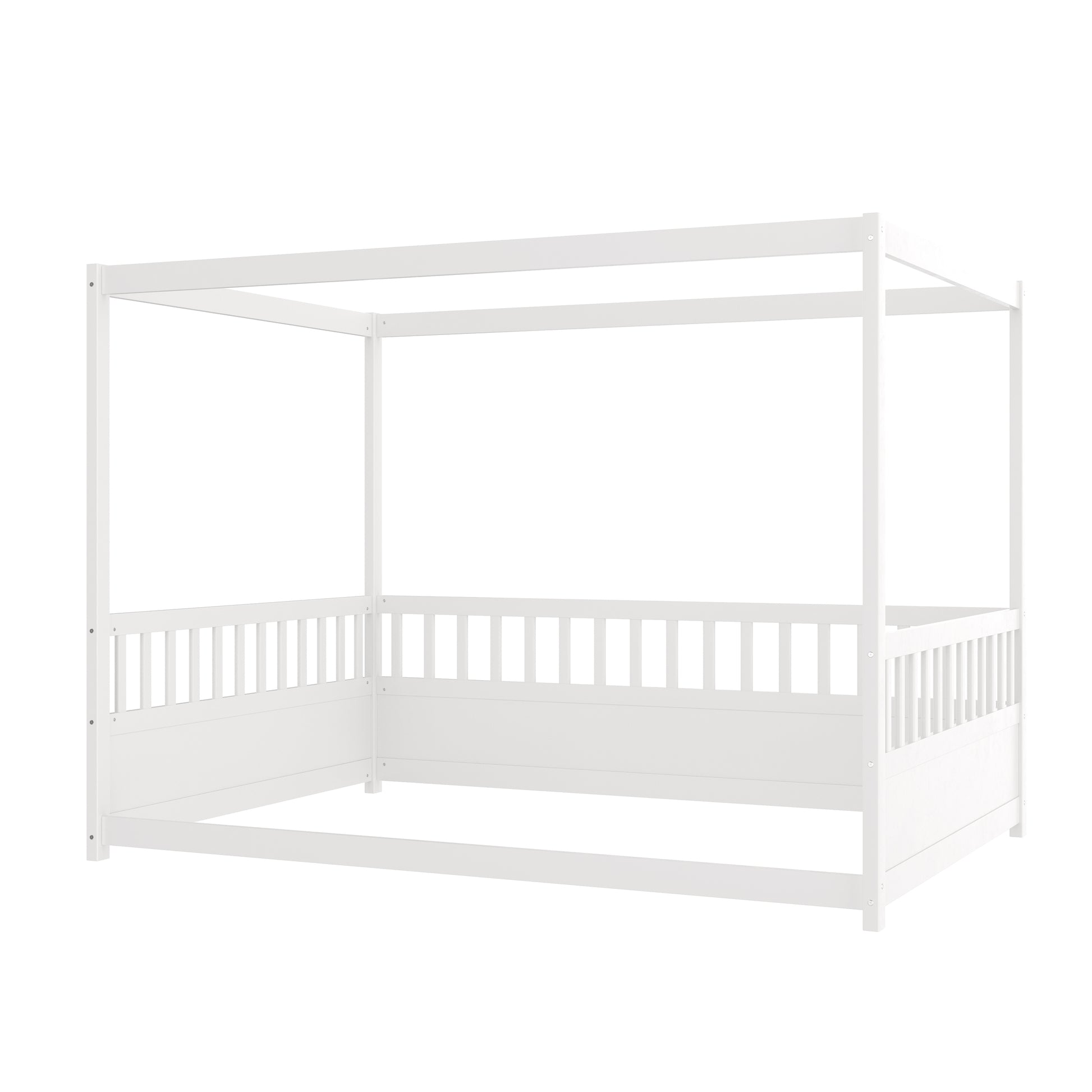 Full Size Canopy Bed Frame with Guardrails for Kids,Floor Bed Full with Four Poster Design,Kids Montessori Floor Bed,Wood Canopy Bed Frame for Girls,Boys(Full,White) image 7