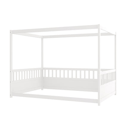 Full Size Canopy Bed Frame with Guardrails for Kids,Floor Bed Full with Four Poster Design,Kids Montessori Floor Bed,Wood Canopy Bed Frame for Girls,Boys(Full,White) image 7
