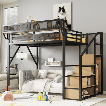 Full Size Loft Bed with Stairs, Metal Full Loft Bed with Storage Shelves, High Loft Bed with Wardrobe for Kids Teens, Black(Old SKU W2580S00029) Patent Products image 1