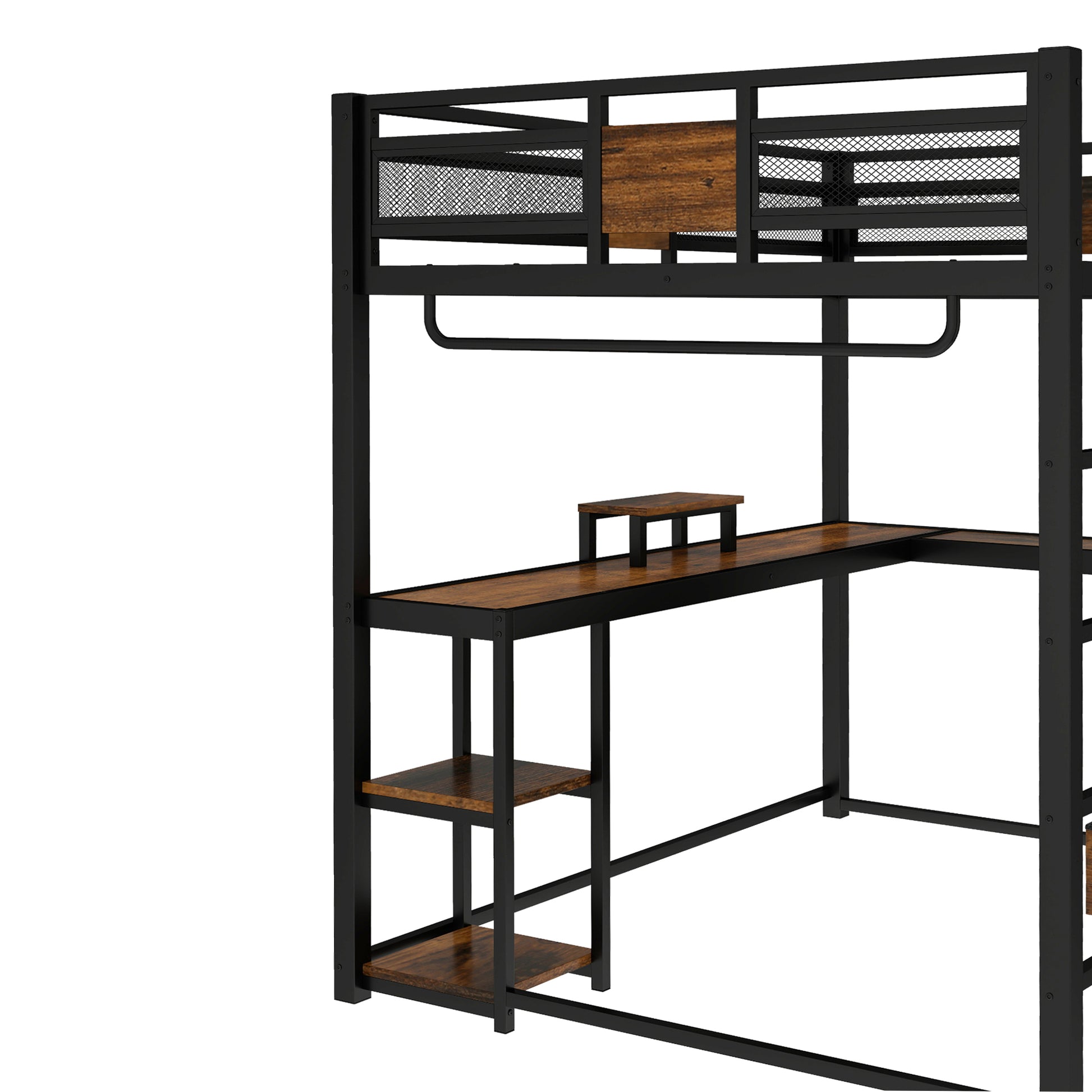 Queen Loft Bed with Desk and Storage Non-woven Fabric Drawers, Metal Loft Bed Frame with Ladders, Nosie-free and No Spring Box Needed, Black image 12