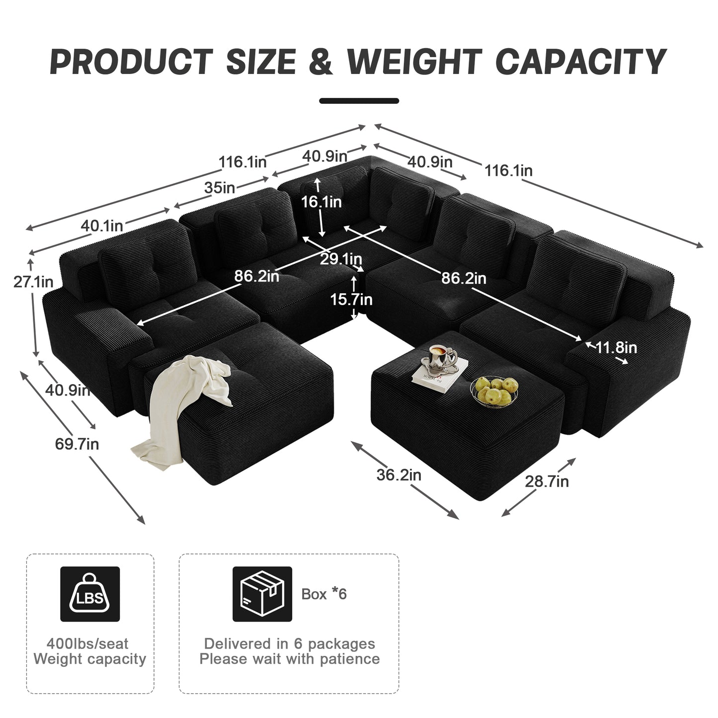 Modular Sectional Sofa with 5-Seater,V Shaped Corner Couch,Corduroy Fabric,2 Movable Ottomans, Deep Seat for Living Room, Pearl-like piping, Tufted Design, No Assembly, Anti-slip Design,Black image 6