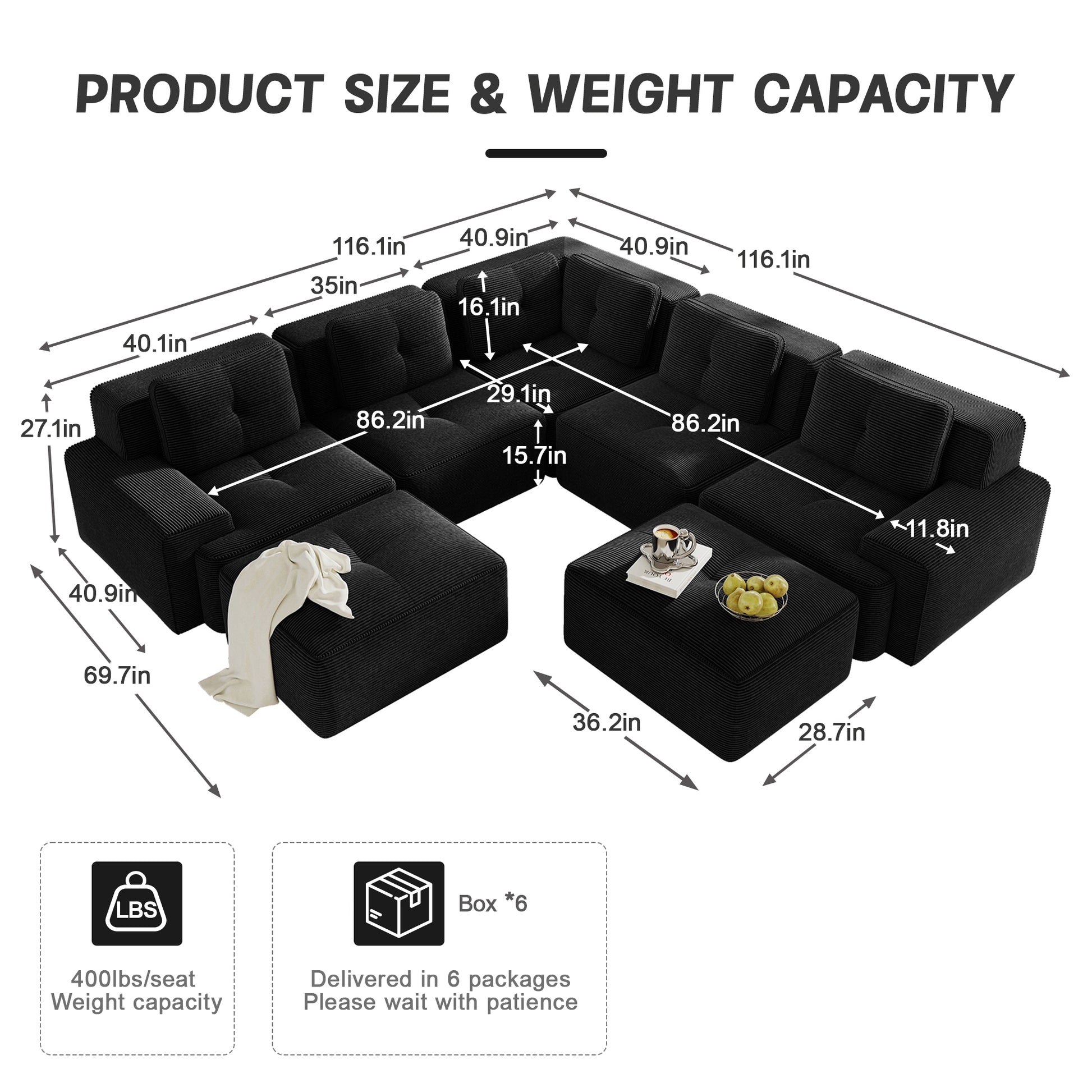 Modular Sectional Sofa with 5-Seater,V Shaped Corner Couch,Corduroy Fabric,2 Movable Ottomans, Deep Seat for Living Room, Pearl-like piping, Tufted Design, No Assembly, Anti-slip Design,Black image 6