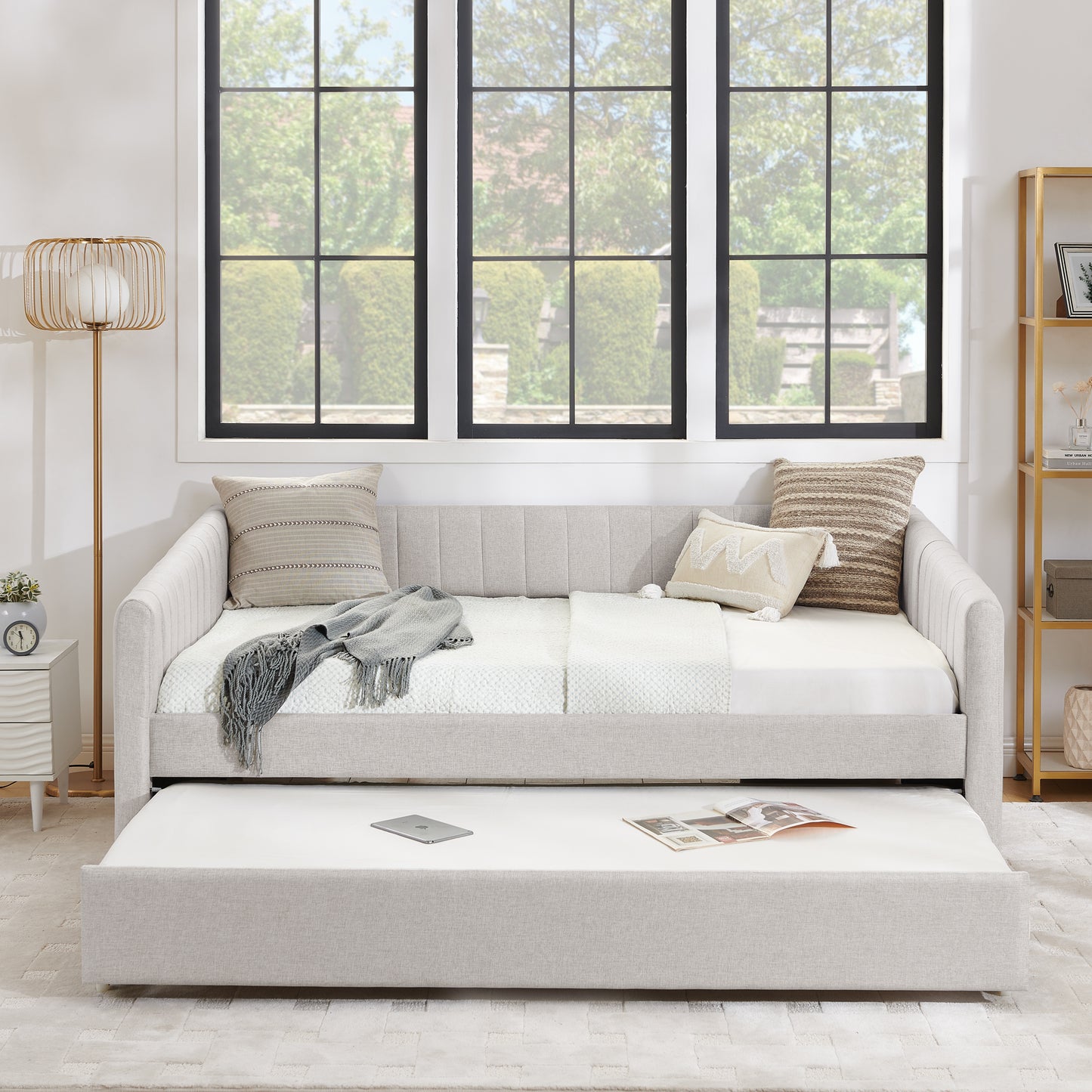 Full Size Daybed with Trundle Upholstered Sofa Bed, with Vertical Stripes, Linen Fabric, Beige (82.5"x58"x30") image 5