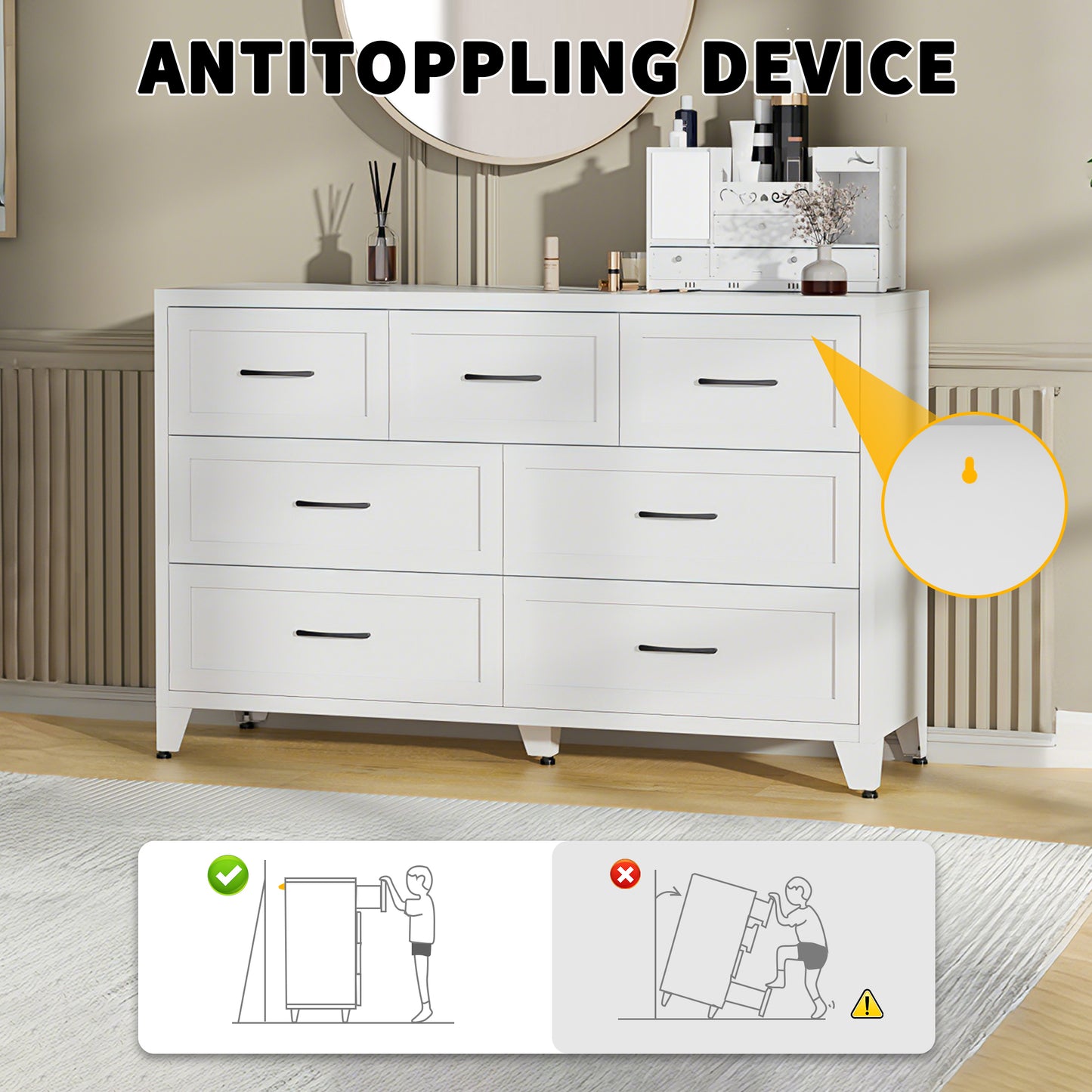 7-Drawer Dresser, Wide Low-Profile Storage Cabinet, White Metal Chest of Drawers for Bedroom, Living Room & Entryway image 6