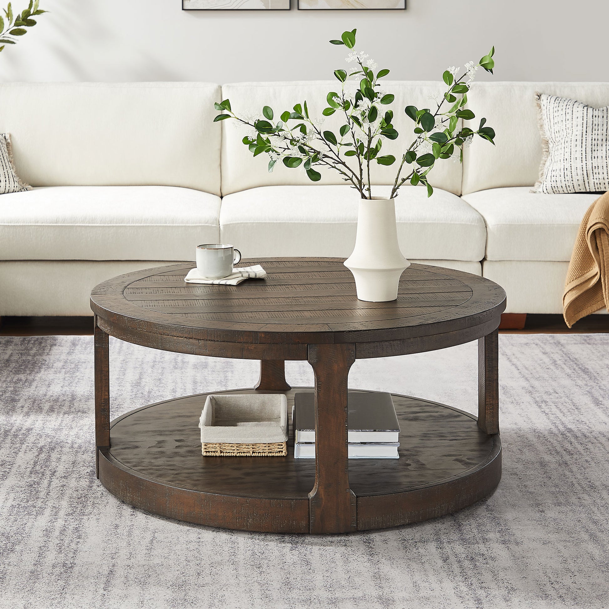 40inch Large Curved 2 Tier Traditional Round Circle Wooden Center Coffee Table,Mid Century Rounded Table with Wheels,Rustic Style Table for living Room,Office,Apartment,Brown image 1