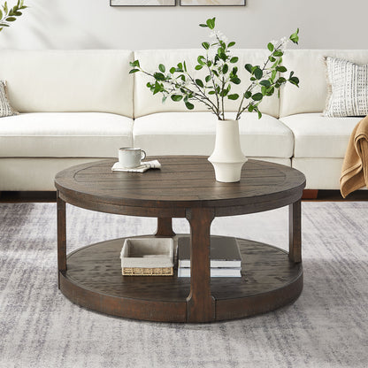 40inch Large Curved 2 Tier Traditional Round Circle Wooden Center Coffee Table,Mid Century Rounded Table with Wheels,Rustic Style Table for living Room,Office,Apartment,Brown image 1