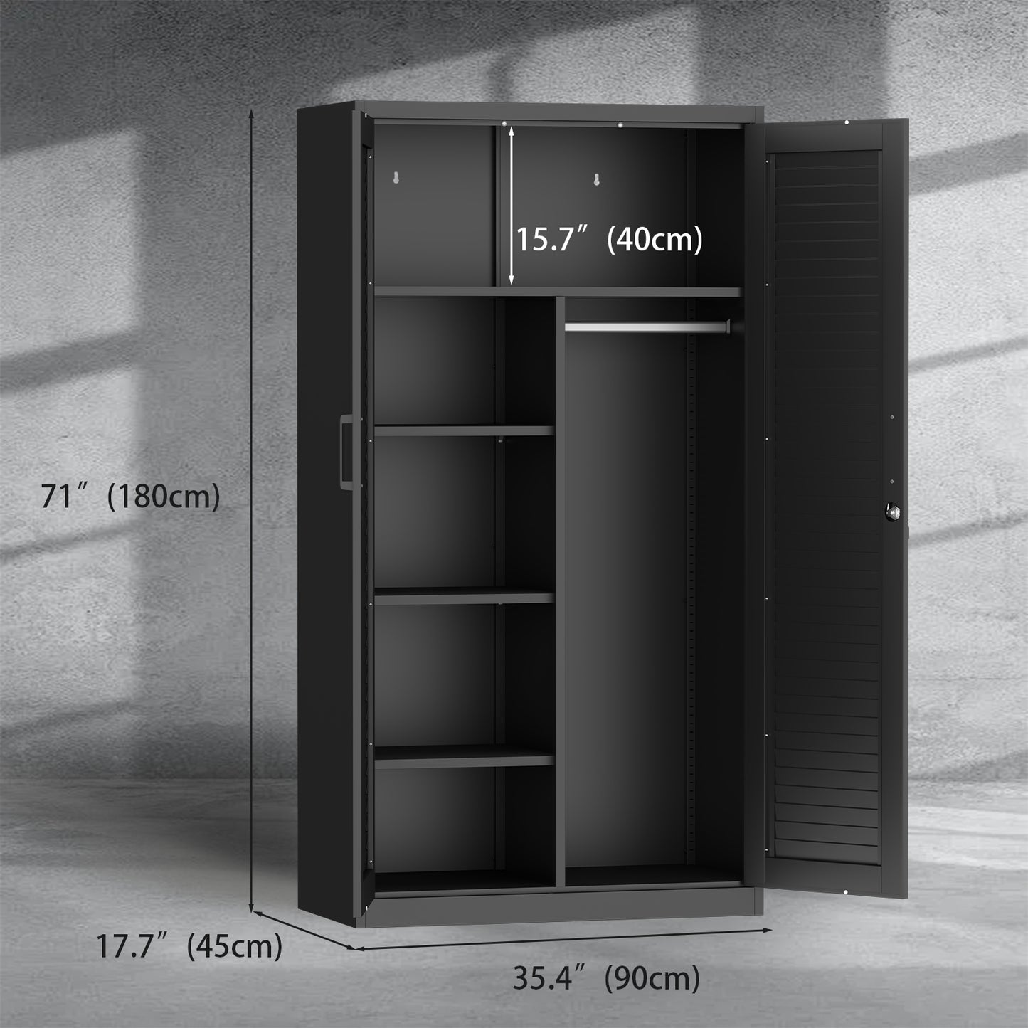 Wide & Deep Metal Storage Cabinet with Hanging Rod,Black Broom Closet Storage Cabinet with Lock, Tall Wardrobe Cabinets with Doors and Shelves,Locking Steel Tool Cabinets for Home,Office,Garage image 12