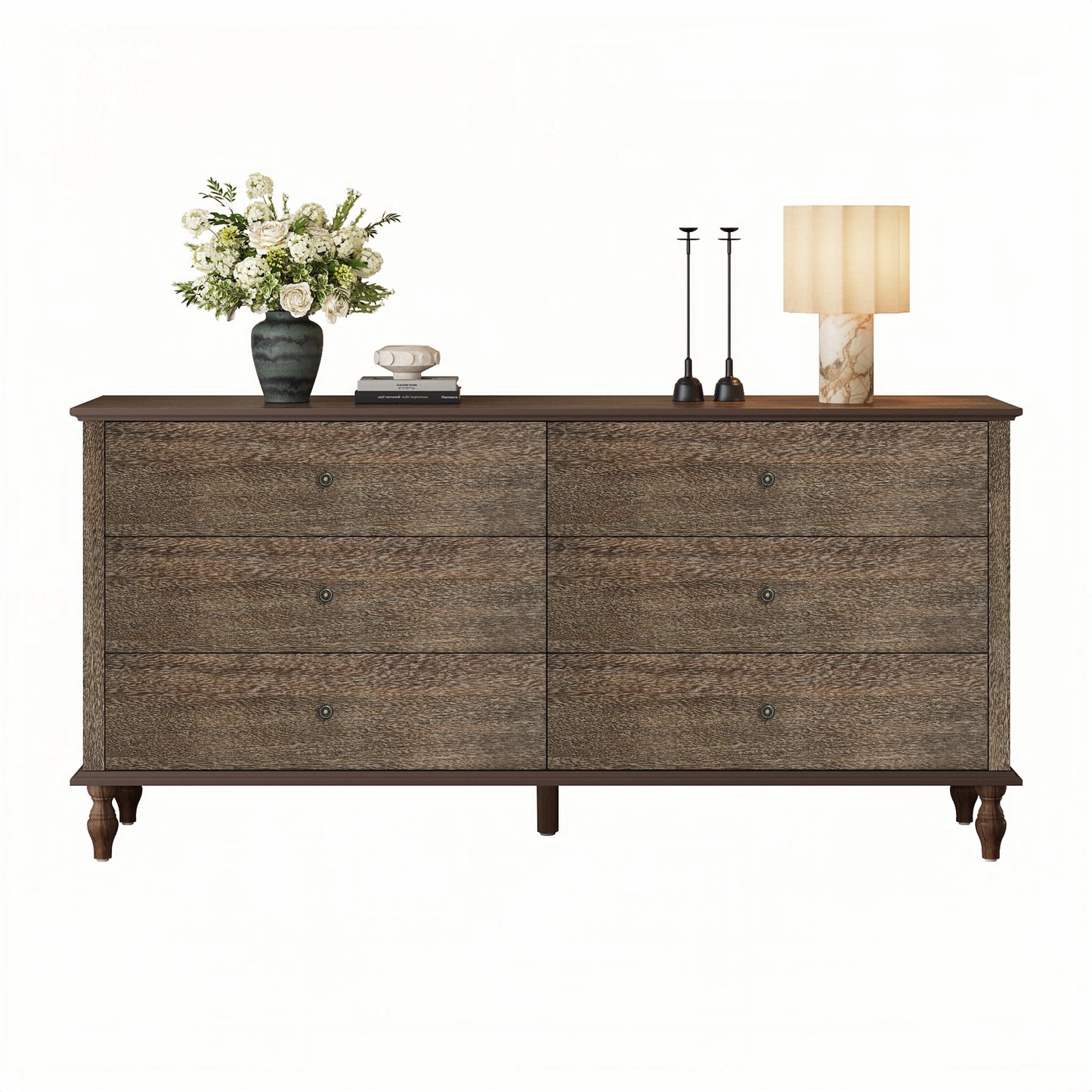 6-Drawer Double Wide Wood Dresser for Bedroom, Deep Brown Burnt Wood Finish Storage Chest with Self-Closing Slides, Metal Copper Handles, Solid Wood Roman Column Legs, Anti-Tip Kit Included image 10