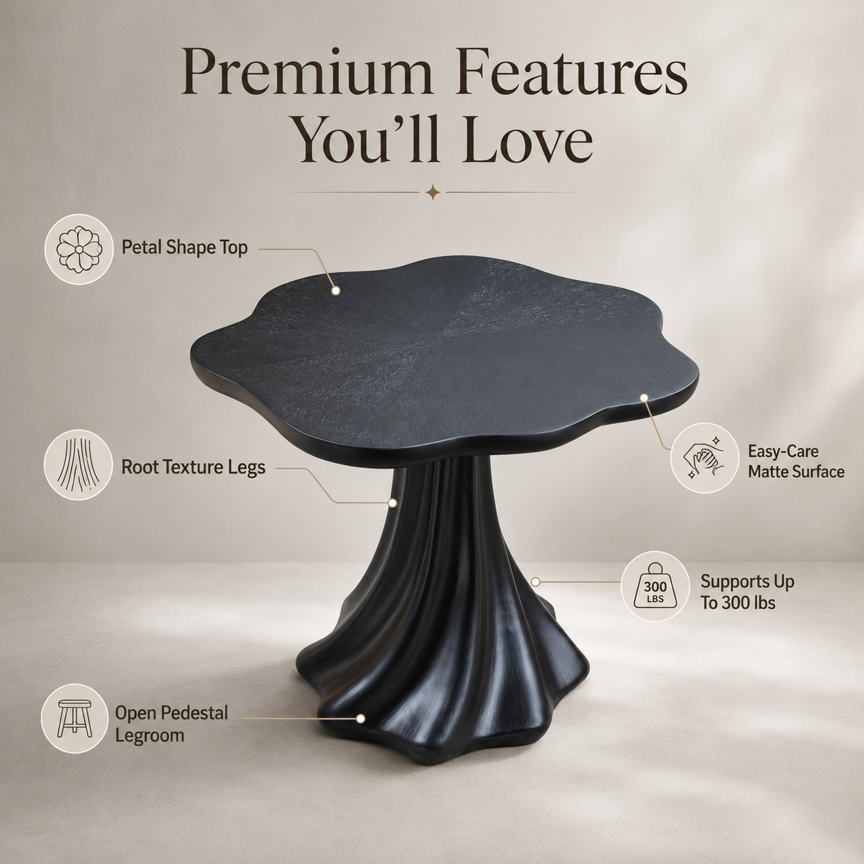 37" Black Sculptural Petal Dining Table – Modern Minimalist Dining Table, Seats 2-4 image 3