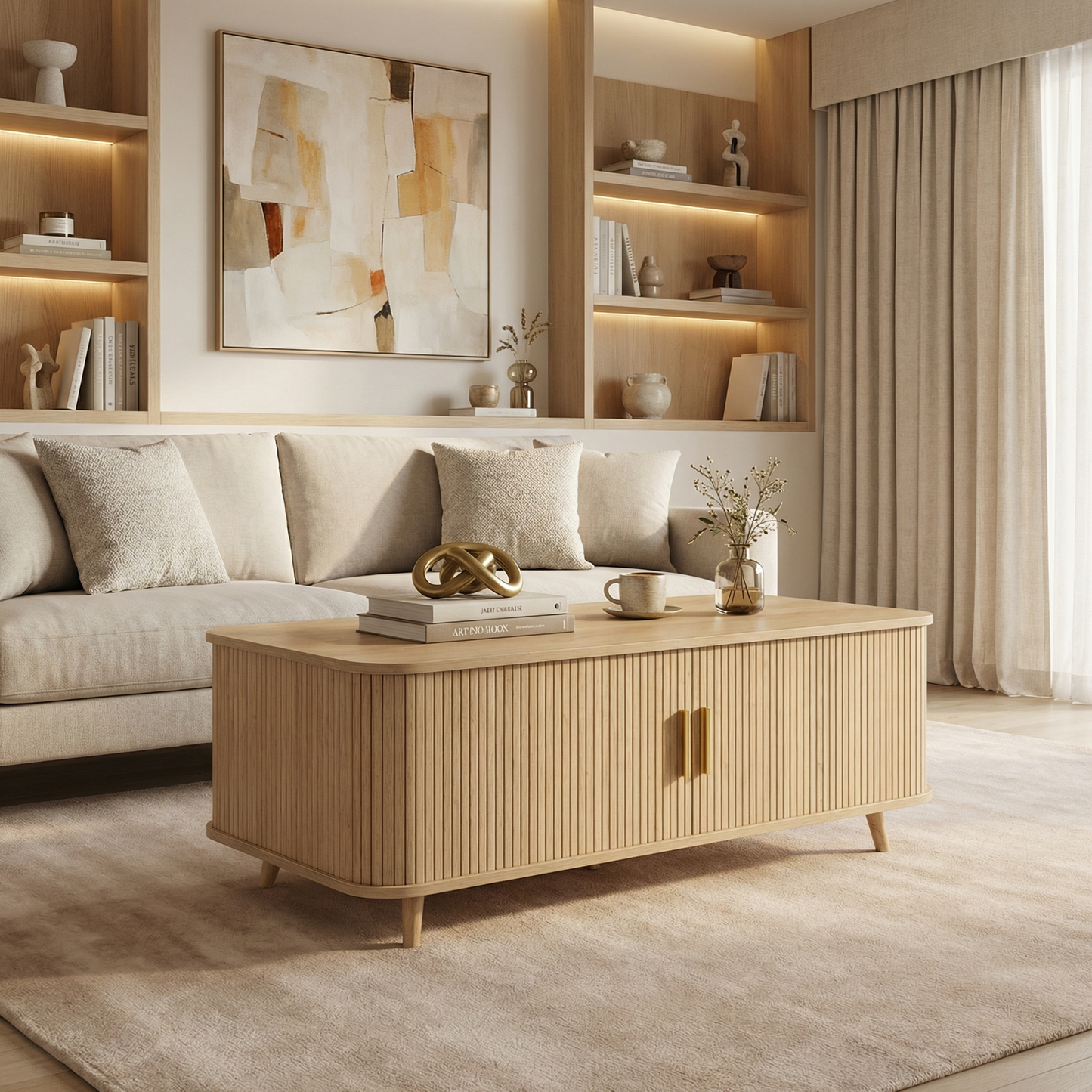 Modern Mid-Century Coffee Table with Storage: Natural Wood Finish, 4 Open Shelves & 2 Doors, For Living Room, Entertainment Center, Home Theater image 3