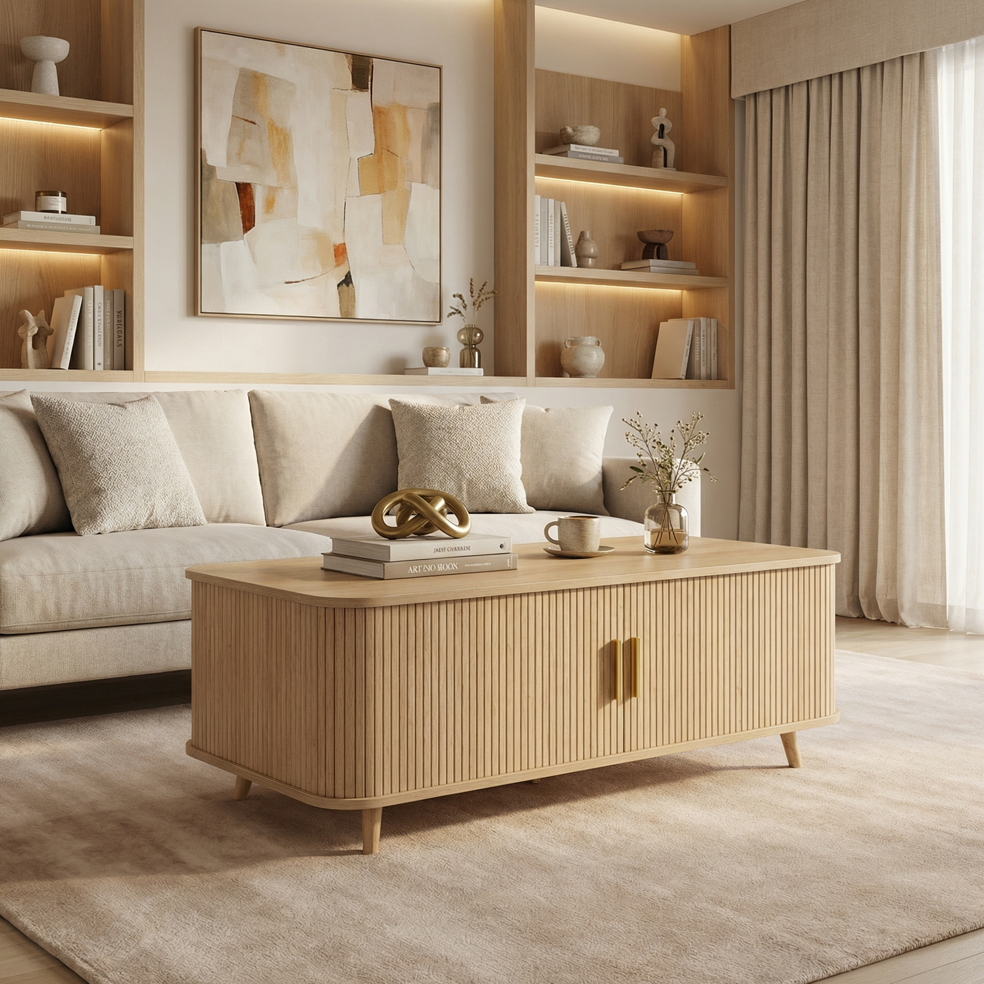 Modern Mid-Century Coffee Table with Storage: Natural Wood Finish, 4 Open Shelves & 2 Doors, For Living Room, Entertainment Center, Home Theater image 3