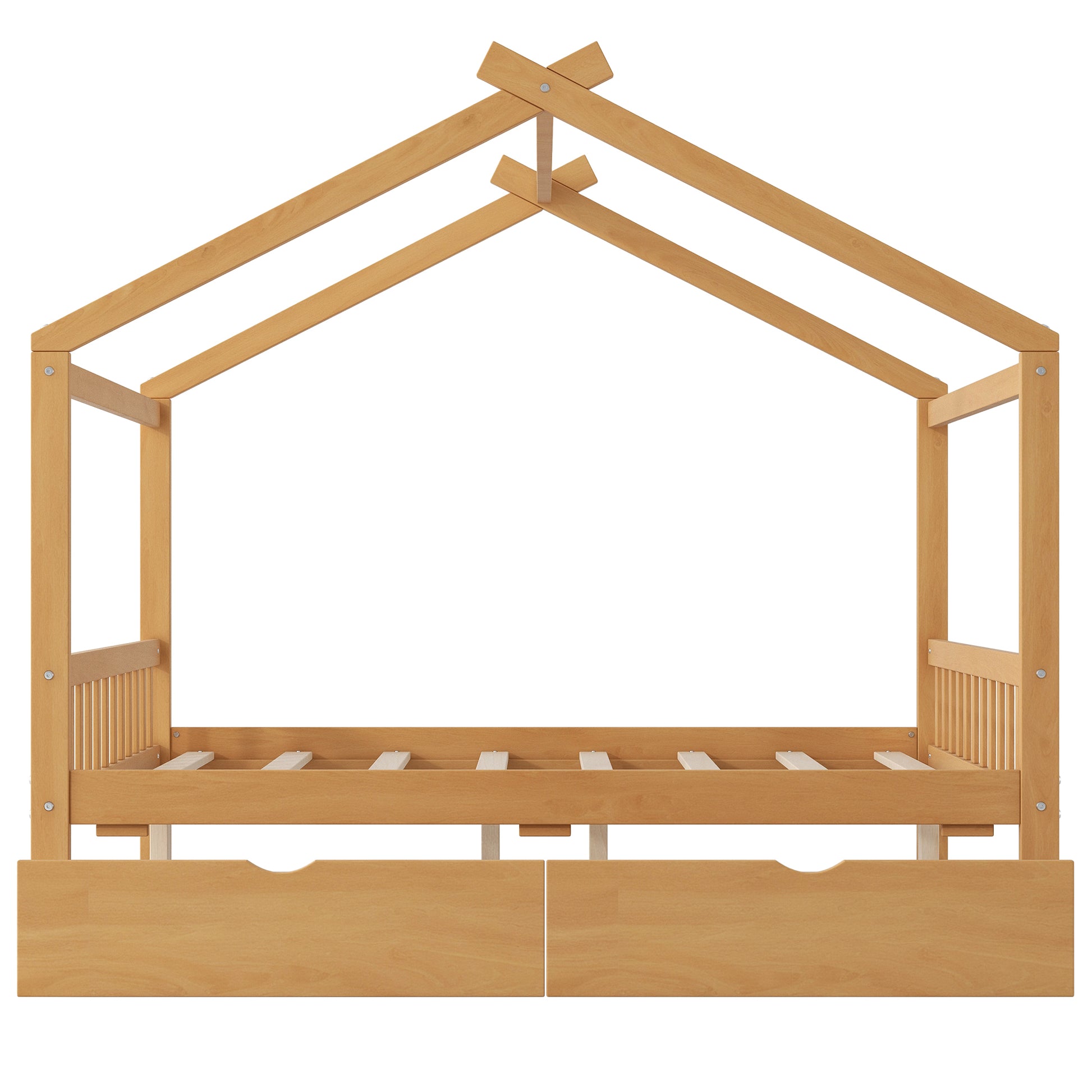 Full Size House Platform Bed with Two Drawers,Headboard and Footboard,Roof Design,Natural image 10