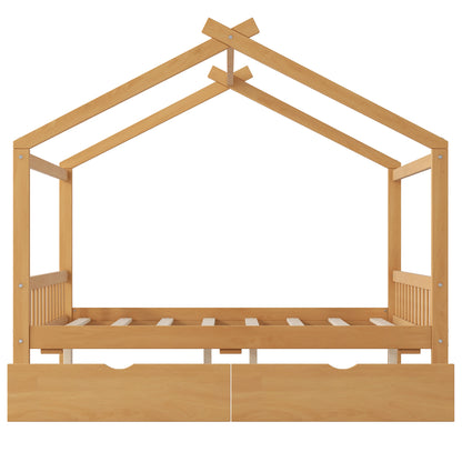 Full Size House Platform Bed with Two Drawers,Headboard and Footboard,Roof Design,Natural image 10