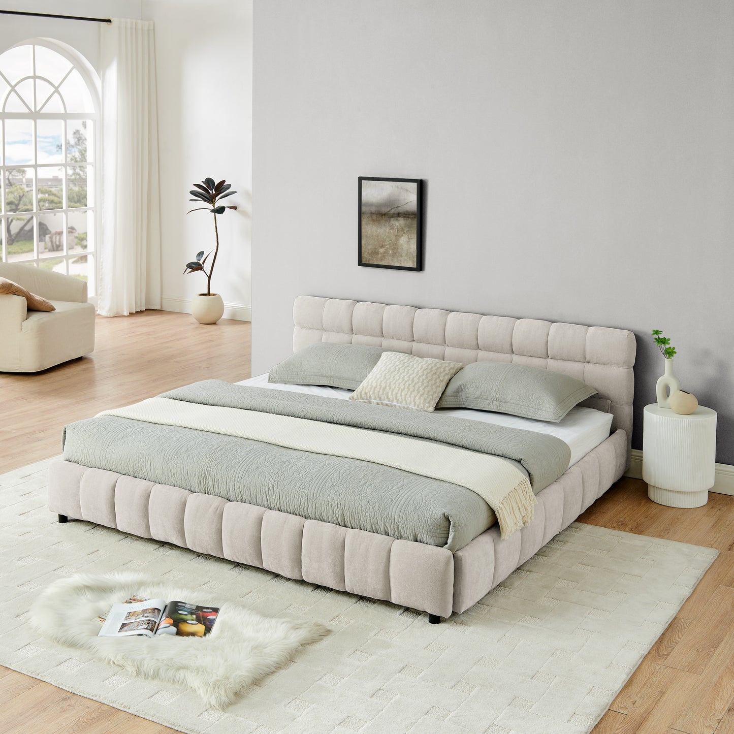 King Size Upholstered Bed,comfortable upholstered bed frame, Chenille fabric, with headboard and solid bed frame. With drawer for storage.-Beige(88.5''*85.5''*31'') image 2
