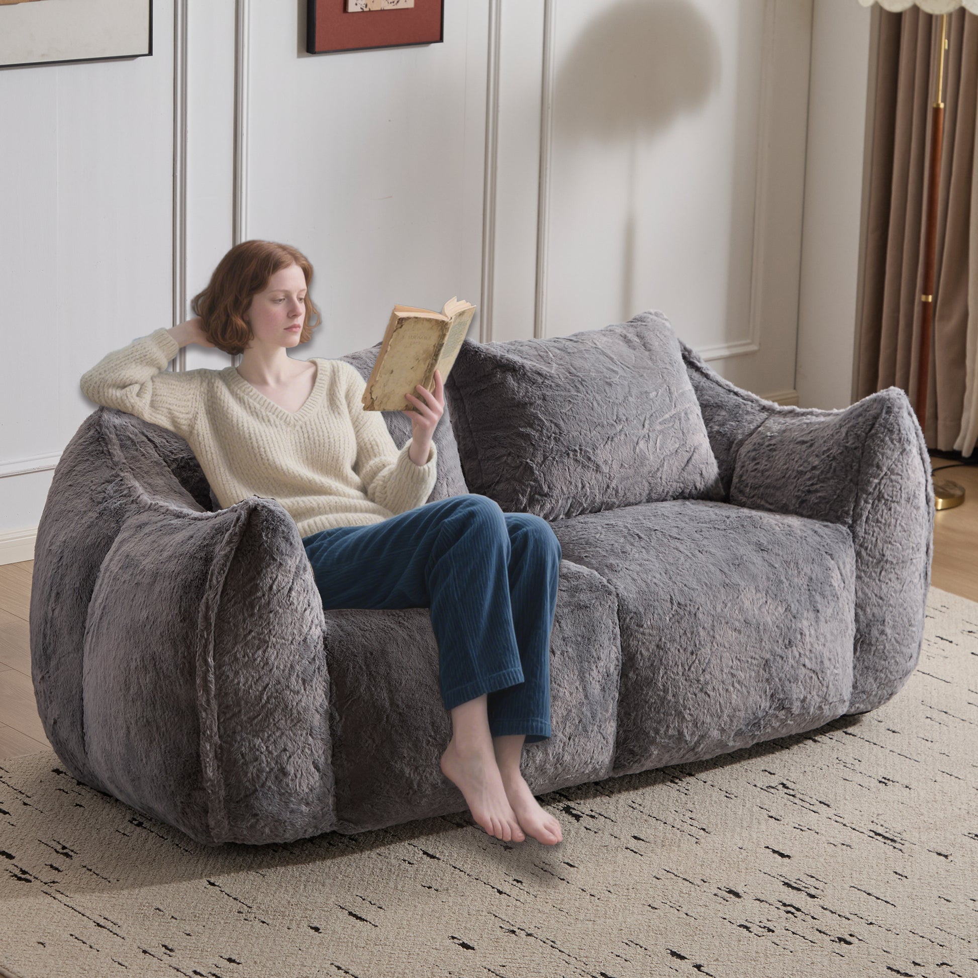 Giant Bean Bag Couch for Adults, Ultra Soft Fluffy Loveseat Bean Bag Sofa, Oversized Chase Lounge Chair Indoor for Living Room Bedroom, No Assembly Required Cozy Reading Chair with Pillows, Grey image 8