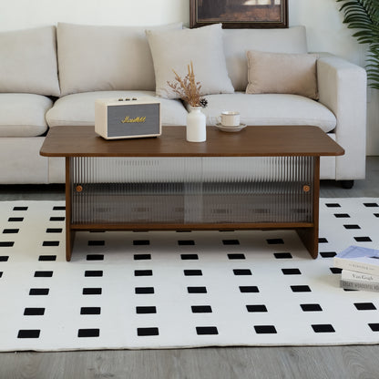 47" Coffee Table With Storage, Rectangular Mid-Century Retro Center Table, Fluted Glass Sliding Doors For Living Room Bedroom Guest Room, Walnut. image 11