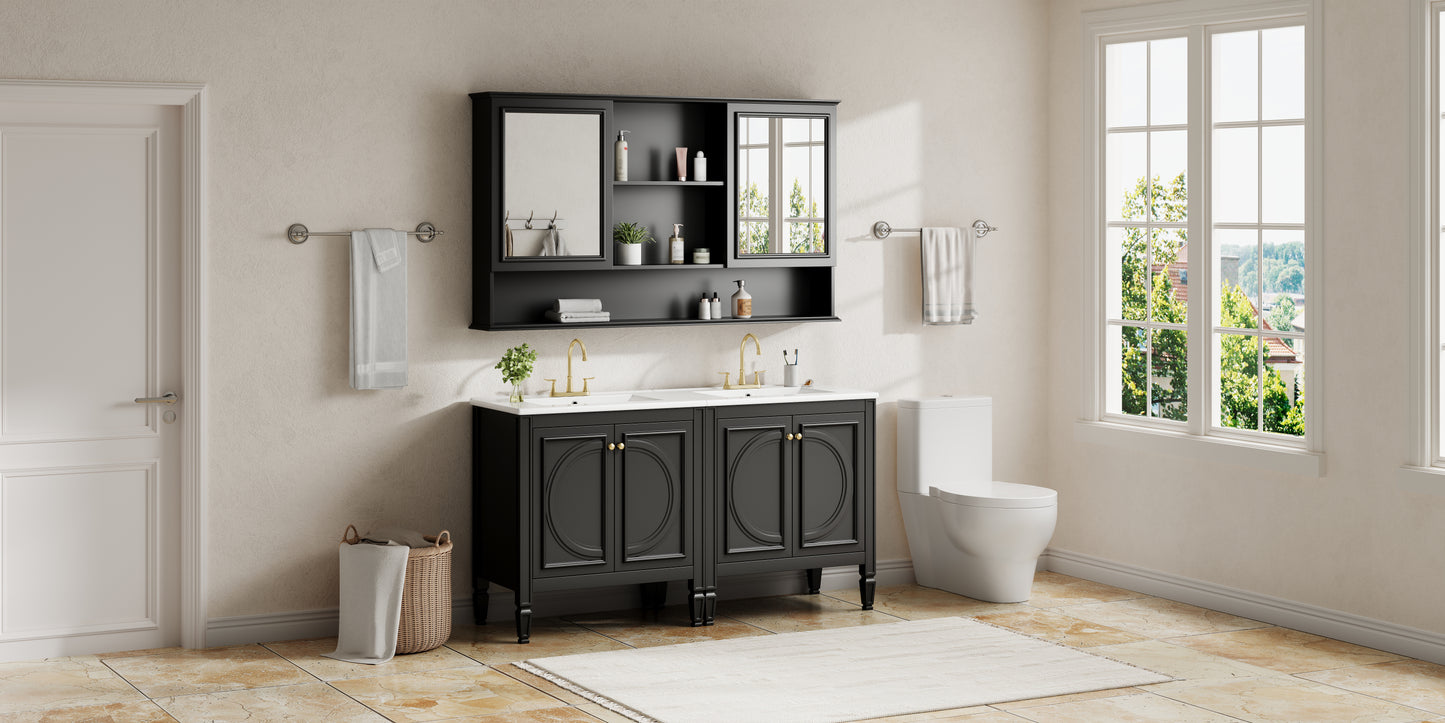 60" Double Sink Bathroom Vanity Set with Matching Wall Mount Medicine Cabinet, Vintage Raised Round Panel Doors & Tapered Legs, Soft Close Hinges, Adjustable Storage Shelves, Black image 4
