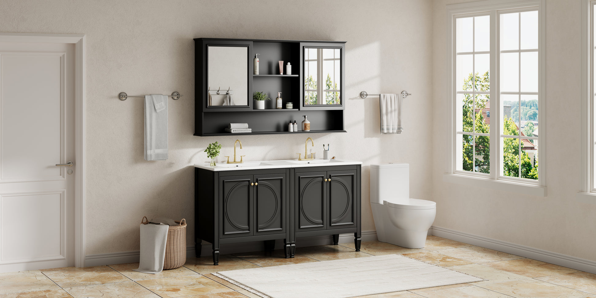 60" Double Sink Bathroom Vanity Set with Matching Wall Mount Medicine Cabinet, Vintage Raised Round Panel Doors & Tapered Legs, Soft Close Hinges, Adjustable Storage Shelves, Black image 4