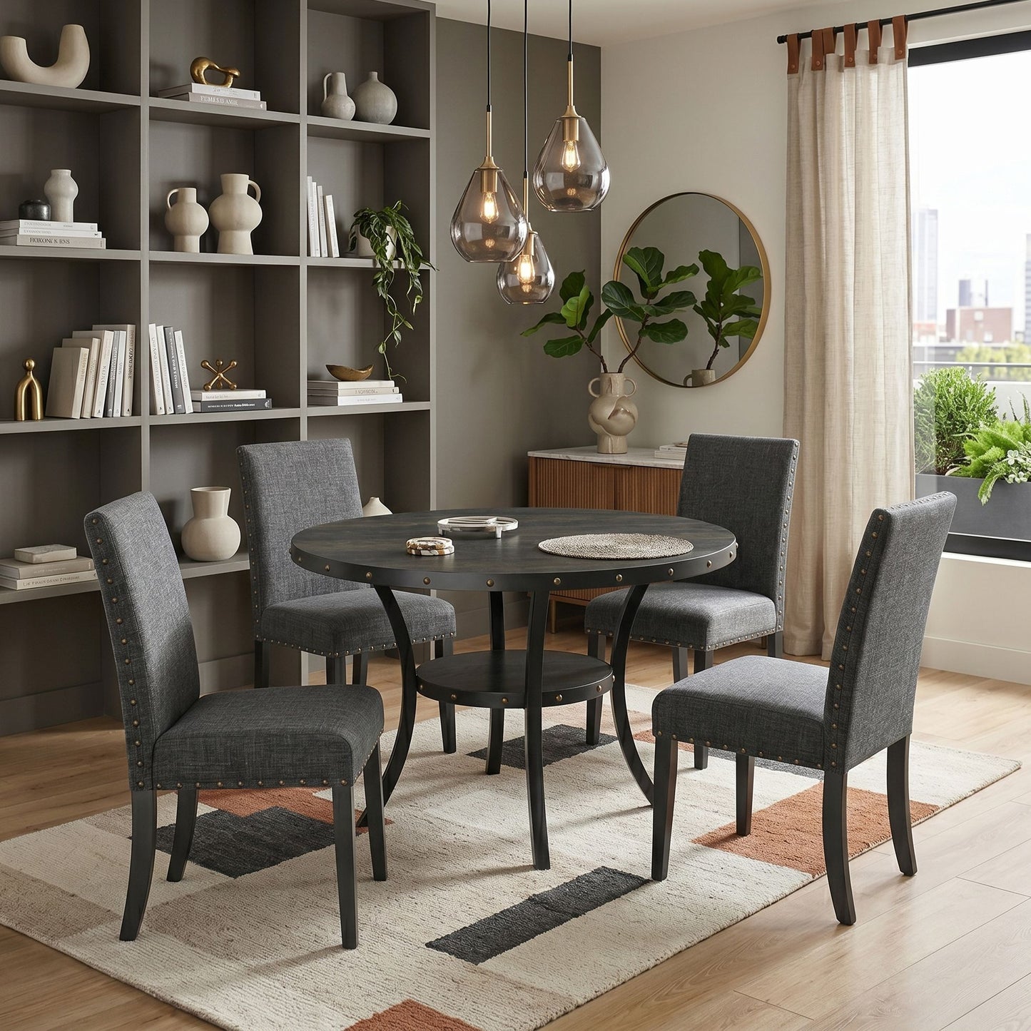 Biony Espresso Wood Dining Set with Gray Fabric Nailhead Chairs image 2