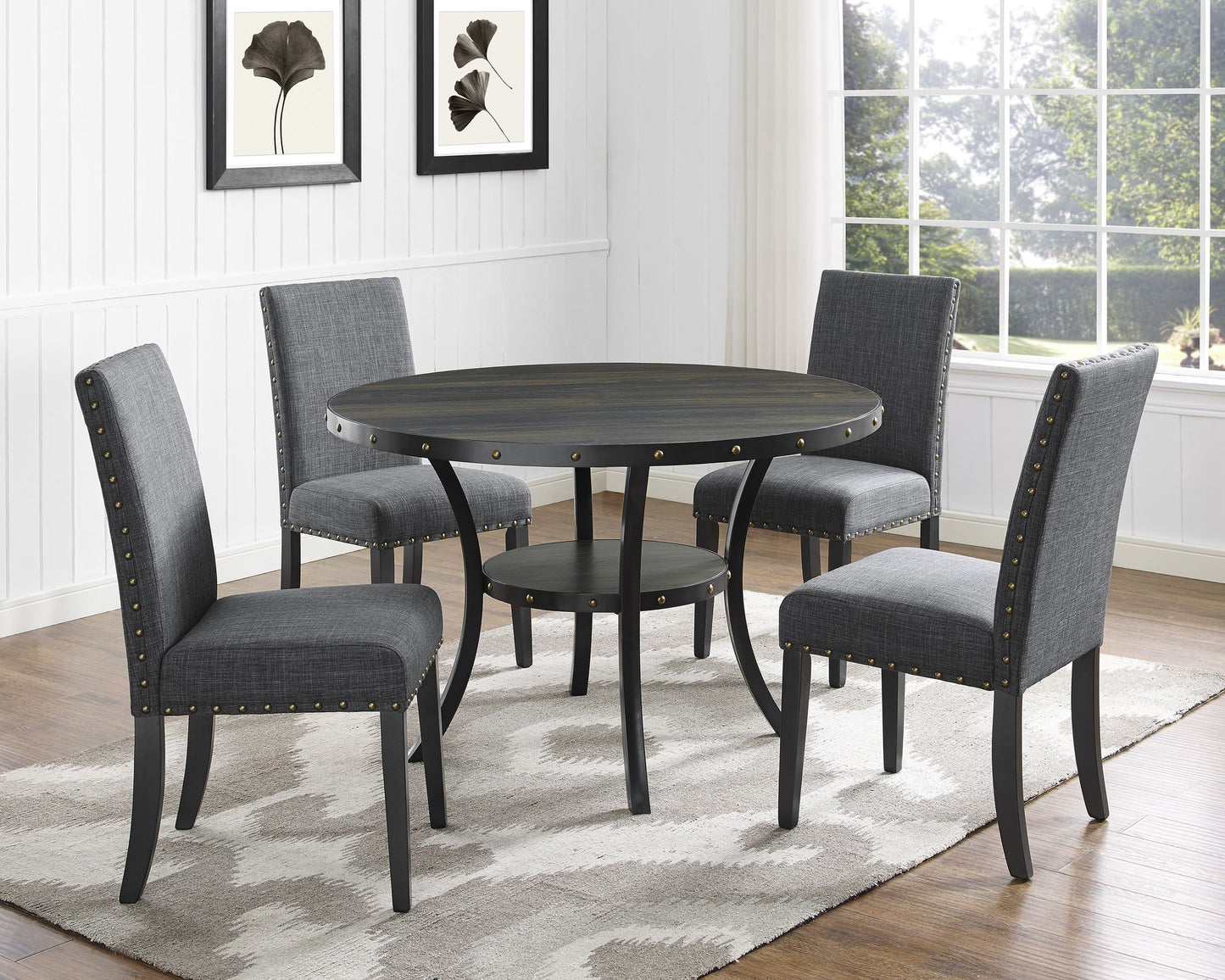 Biony Espresso Wood Dining Set with Gray Fabric Nailhead Chairs image 3